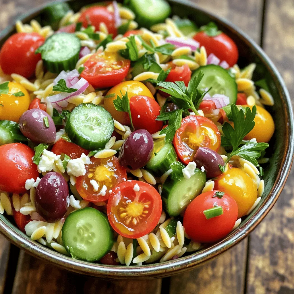 To make this Mediterranean Orzo Salad, you need the following ingredients: - 1 cup orzo pasta - 1 cup cherry tomatoes, halved - 1 cucumber, diced - 1/2 red onion, finely chopped - 1/2 cup Kalamata olives, pitted and sliced - 1/2 cup crumbled feta cheese - 1/4 cup fresh parsley, chopped - 3 tablespoons olive oil - 2 tablespoons lemon juice - 1 teaspoon dried oregano - Salt and pepper to taste If you don't have orzo, you can use small pasta shapes like ditalini or farfalle. For a gluten-free option, try quinoa or brown rice instead. Can't find Kalamata olives? Green olives work well too. You can swap feta with goat cheese for a tangy twist. - Olives: Rich in healthy fats, olives support heart health and reduce inflammation. - Feta: This cheese adds calcium and protein, promoting bone health. - Vegetables: Tomatoes and cucumbers are low in calories, high in vitamins, and add crunch to your salad. Eating this dish not only delights your taste buds but also boosts your health with fresh, vibrant ingredients. For the full recipe, follow the steps detailed above. To cook orzo pasta, start with boiling water. Use a large pot and add salt. Boil the orzo for about 8 to 10 minutes. You want it al dente, so check a few minutes early. Once it’s cooked, drain the pasta in a colander. Rinsing the pasta is a must. Rinse it under cold water to stop cooking. This keeps the orzo from getting mushy. The order of adding ingredients matters. Start with the cherry tomatoes, cucumber, red onion, and olives. Mix these in a big bowl. Next, add the cooled orzo pasta. Gently fold in the feta cheese and parsley. Be careful. You don’t want to mash the ingredients. Use a spatula to mix everything lightly. For the dressing, use a small bowl. Add olive oil, lemon juice, dried oregano, salt, and pepper. Whisk these together until mixed well. The dressing should be smooth and blend nicely. If you want to try something new, use balsamic vinegar or Greek yogurt instead. They both add great flavor. You can find the full recipe for more details. To enhance the flavor of your Mediterranean Orzo Salad, think about adding fresh herbs. Basil, mint, and dill can add bright notes. You can also use spices like crushed red pepper for a bit of heat. A sprinkle of lemon zest boosts freshness too. Chilling the salad is key. Let it rest in the fridge for at least 30 minutes. This time allows the flavors to blend and deepen. If you can, chill it longer for an even better taste. Pair your Mediterranean Orzo Salad with grilled chicken or fish for a complete meal. It also goes well with crusty bread or a light soup. For a fun twist, serve the salad in small cups. This makes it perfect for parties or picnics. You can also use it as a bright starter on a larger plate. Check out the Full Recipe for more details and tips! {{image_2}} You can easily make this salad vegetarian. Instead of feta cheese, try using a dairy-free cheese. You can also swap olives for capers for a different taste. If you want to add protein, consider cooked chicken or chickpeas. Chickpeas bring a nice texture and flavor. They also boost the salad's healthiness. Change the salad’s vibe with the seasons. In spring, add peas and fresh herbs. In summer, toss in grilled zucchini or bell peppers for extra crunch. You can also explore global twists. For a Mexican flair, add corn and black beans. For an Asian twist, mix in sesame oil and edamame. Each variation offers a fresh take on this dish. Explore these ideas to keep your Mediterranean orzo salad exciting. For the full recipe, check out the Mediterranean Orzo Salad section above. To keep your Mediterranean Orzo Salad fresh, use airtight containers. Glass or plastic containers work well. Make sure to cover the salad tightly. This helps prevent drying out. Store it in the fridge. Proper chilling keeps the flavors intact. You can enjoy it for up to three days. You can enjoy this salad cold or at room temperature. If you prefer it warm, gently reheat it. Use a microwave on low heat. Stir it often to warm evenly. To refresh leftovers, add a splash of olive oil and some lemon juice. This boosts flavor and moisture. Mediterranean Orzo Salad can last about 3 to 5 days in the fridge. Store it in an airtight container for best results. Check for signs of spoilage, like an off smell or changes in texture. If the salad looks or smells strange, it's best to toss it. Yes, you can make Mediterranean Orzo Salad in advance. It tastes even better after sitting in the fridge for a few hours. Just follow these tips: - Prepare all the ingredients and mix them without the dressing. - Add the dressing right before serving. This keeps the salad fresh and crunchy. - Store it in an airtight container for easy access later. You can add many ingredients to make Mediterranean Orzo Salad unique. Here are some great options: - Grilled chicken or shrimp for protein. - Roasted red peppers for extra flavor. - Artichoke hearts for a tangy twist. - Fresh spinach or arugula for added greens. Feel free to mix and match based on your taste! Orzo pasta can be a healthy choice. It is made from whole wheat or semolina, offering fiber and energy. Here are some benefits: - It fits well in a balanced Mediterranean diet. - It provides carbs for energy without being heavy. - Pairing it with veggies boosts nutritional value. Enjoy it as part of a healthy meal! For the full recipe, check out the detailed instructions above. Mediterranean Orzo Salad is a bright and healthy choice. We explored the key ingredients, including their health benefits. Cooking orzo perfectly is crucial to the salad's base. Mixing everything in the right order boosts flavor. We also covered tips to enhance taste and creative serving ideas. Remember, variations keep things exciting, whether you go vegetarian or explore global flavors. Store it wisely to ensure freshness. Enjoy your delicious Mediterranean Orzo Salad, and feel free to experiment with your own twist!
