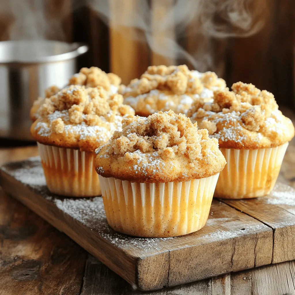 To make these tasty muffins, you need some key items. Here’s the list: - 2 cups all-purpose flour - 1 cup granulated sugar - 1 tablespoon baking powder - ½ teaspoon baking soda - ½ teaspoon salt - ½ cup unsalted butter, softened - 1 cup buttermilk (or use milk with 1 tablespoon lemon juice) - 2 large eggs - 2 teaspoons vanilla extract - 1 tablespoon instant coffee granules (dissolved in 1 tablespoon hot water) These ingredients blend to create a soft, moist muffin. The coffee adds a rich flavor that pairs well with the sweet crumb topping. The crumb topping gives these muffins a special crunch. You will need: - ½ cup all-purpose flour - ¼ cup brown sugar, packed - ½ teaspoon ground cinnamon - 3 tablespoons unsalted butter, melted Mixing these items together creates a crumbly texture that adds a delicious finish. The brown sugar and cinnamon make every bite taste sweet and warm. Sometimes, you might not have all the ingredients. Here are some easy swaps: - For buttermilk, use regular milk with lemon juice. - If you lack instant coffee, use brewed coffee instead. - You can replace unsalted butter with coconut oil for a dairy-free option. These substitutions keep the taste delightful, ensuring you can still make these muffins without stress. Enjoy creating your own version of this recipe! For the full recipe, check out Coffee Crumb Cake Muffins. First, gather your ingredients. You need flour, sugar, butter, eggs, and more. Preheat the oven to 350°F (175°C). Line your muffin tin with paper liners or grease it. This helps your muffins come out easily. In a large bowl, whisk together the dry ingredients. Combine 2 cups of all-purpose flour, 1 cup of sugar, 1 tablespoon of baking powder, ½ teaspoon of baking soda, and ½ teaspoon of salt. Make sure these mix well. This step gives the muffins their structure. In another bowl, cream ½ cup of softened butter. It should look light and fluffy. Next, add 1 cup of buttermilk, 2 large eggs, and 2 teaspoons of vanilla extract. Don't forget the 1 tablespoon of dissolved coffee granules! Mix until it is smooth. Gradually pour this mixture into the dry ingredients. Stir gently until just combined. A few lumps are okay. This is where the magic happens, making your muffins moist and flavorful. For the crumb topping, mix ½ cup of flour, ¼ cup of brown sugar, and ½ teaspoon of cinnamon in a small bowl. Pour in 3 tablespoons of melted butter. Mix until crumbly. Now you're ready to fill the muffin cups and bake. Check the full recipe for details! To get the best crumb texture, focus on mixing. When you mix the wet and dry ingredients, do it gently. Overmixing can make the muffins tough. You want a few lumps in your batter. This helps keep the muffins light and fluffy. The crumb topping should also be crumbly but not too fine. Use melted butter and mix until you see small clumps. The oven temperature plays a big role in baking. Set it to 350°F (175°C) for the best results. If your muffins are browning too quickly, lower the temperature to 325°F (160°C). Check for doneness around 18 minutes. Insert a toothpick in the center. If it comes out clean, they are done. If not, bake a few minutes longer. Avoid these common mistakes for perfect muffins. First, don’t skip the lining or greasing of the muffin tin. This helps with easy removal. Second, measure your flour correctly. Too much flour can make your muffins dry. Third, remember to let the muffins cool for a bit before taking them out of the pan. This helps them set nicely. Always check the freshness of your ingredients, especially the baking powder. Old baking powder can ruin your muffins. For the full recipe, refer to the earlier section. {{image_2}} You can add fun flavors to your muffins. Try nutmeg for warmth or cocoa for richness. Just add one teaspoon of nutmeg or two tablespoons of cocoa powder to the dry mix. These small changes can give your muffins a whole new taste. Milk is key for moisture and taste. You can use regular milk, buttermilk, or even almond milk for a twist. For extra creaminess, try oat milk or coconut milk. They all work well and keep your muffins soft and tasty. If you need gluten-free muffins, swap the all-purpose flour with gluten-free flour. Make sure to choose a blend that works well for baking. This way, you can enjoy these muffins without worry. They will still taste great and stay moist. Check the Full Recipe for more details on making these delicious Coffee Crumb Cake Muffins! Store your coffee crumb cake muffins in an airtight container. Using this method keeps them moist. You can place a piece of bread in the container. The bread will help maintain moisture. Keep the container at room temperature for up to three days. For longer storage, use the freezer. Avoid stacking the muffins to prevent squishing. To freeze your muffins, let them cool completely first. Wrap each muffin tightly in plastic wrap. Then place them in a freezer-safe bag or container. Label the bag with the date. They can last in the freezer for up to three months. When you want one, just pull it out and thaw it. To reheat frozen muffins, take them out and remove the wrap. Place them on a microwave-safe plate. Heat for about 20 to 30 seconds. Check if they are warm enough. For a crispier texture, pop them in the oven. Bake at 350°F (175°C) for about 5 to 10 minutes. This helps regain that fresh-baked taste. Enjoy your freshly warmed coffee crumb cake muffins! For the full recipe, check the recipe section above. Yes, you can make these muffins ahead of time. Bake them, let them cool, and store in an airtight container. They stay fresh for about three days at room temperature. You can also freeze them for up to three months. Just thaw them in the fridge overnight when you want to enjoy them again. If you don’t have buttermilk, don’t worry! You can make your own. Just mix one cup of regular milk with one tablespoon of lemon juice or vinegar. Let it sit for five minutes, and it’s ready to use. This works great in any recipe that calls for buttermilk. To get a super crunchy crumb topping, use cold butter. Cut it into small chunks and mix with the dry ingredients until it looks like coarse crumbs. You can also add a bit more flour or use less butter. This will give you that perfect crunchy bite on top of your muffins. For the full recipe, check the recipe section above. You learned about making delicious coffee crumb cake muffins. We covered key ingredients and helpful substitutions. You also discovered step-by-step instructions for mixing and baking. We shared tips for achieving the perfect crumb texture and avoiding common mistakes. You can even try different flavors and storage methods to keep them fresh. With these insights, you can enjoy perfect muffins anytime. Now, it's time to bake and enjoy your creation!