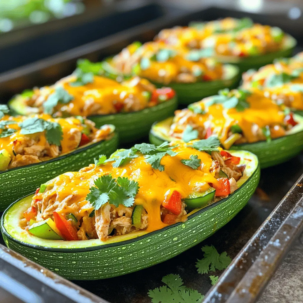 To make Chicken Fajita Stuffed Zucchini Boats, you need fresh and tasty ingredients. Here’s what you’ll need: - 4 medium zucchinis - 1 pound chicken breast, diced - 1 red bell pepper, sliced - 1 green bell pepper, sliced - 1 medium onion, sliced - 2 cloves garlic, minced - 1 tablespoon chili powder - 1 teaspoon cumin - 1 teaspoon paprika - Salt and pepper to taste - 1 cup shredded cheddar cheese - 2 tablespoons olive oil - 1 tablespoon lime juice - Fresh cilantro for garnish (optional) These ingredients create a vibrant and flavorful dish. The zucchinis act as the perfect boats, holding everything inside. The chicken gives protein, while the peppers and onions add crunch and sweetness. I love using fresh herbs like cilantro. It adds a bright touch. Each spice brings its own kick. You’ll taste the warmth of chili powder, the earthiness of cumin, and the smokiness of paprika. This blend makes every bite delicious. For the cheese lovers, cheddar melts beautifully. It creates a gooey, cheesy topping that ties everything together. You can find all these ingredients at your local store. For a complete guide on how to prepare this dish, check out the Full Recipe. First, gather all your ingredients. You need zucchinis, chicken, peppers, onion, garlic, and spices. This makes the process smooth and fast. Preheat your oven to 375°F (190°C). Next, slice the zucchinis in half lengthwise. Use a spoon to scoop out the seeds. This creates space for the filling. Set your zucchini boats aside on a baking sheet. In a large skillet, heat two tablespoons of olive oil over medium heat. Add one pound of diced chicken. Season it with salt, pepper, chili powder, cumin, and paprika. Cook the chicken until it is browned and cooked through. This takes about 5 to 7 minutes. Then, add the sliced red and green bell peppers, along with the onion and minced garlic. Stir often and cook for another 4 to 5 minutes until the veggies are soft. Finally, drizzle one tablespoon of lime juice over the mixture and stir well. Now it’s time to fill your zucchini boats. Spoon the chicken and veggie mix into each zucchini half. Make sure to pack it in well. Once filled, sprinkle one cup of shredded cheddar cheese on top of the stuffed zucchinis. Place the baking sheet in the oven and bake for 15 to 20 minutes. The zucchinis should be tender, and the cheese should be melted and bubbly. After baking, let them cool for a few minutes. If you like, add fresh cilantro on top for a nice touch. This dish is colorful and full of flavor. You can find the full recipe here. Selecting the right zucchini is key to this dish. Look for zucchinis that are firm and bright green. Avoid zucchinis with soft spots or wrinkles. Medium-sized zucchinis work best for stuffing. They hold their shape and have a nice texture. To create the perfect zucchini boats, you need to scoop them out carefully. Use a small spoon or a melon baller for this task. Start from the center and work your way to the edges. Be gentle, so you don’t break the skin. Leave about a quarter inch of flesh for strength. You can customize this dish with different ingredients. If you want a vegetarian version, swap chicken for black beans or lentils. You can also use different peppers or even corn for variety. For cheese lovers, try pepper jack or mozzarella instead of cheddar. These swaps add unique flavors while keeping the dish delicious. For the full recipe, see the complete recipe section above. {{image_2}} You can make a tasty vegetarian version of chicken fajita stuffed zucchini boats. Instead of chicken, use sautéed mushrooms or lentils. For extra flavor, add smoked paprika and fresh herbs. This keeps the dish rich and satisfying. Cheese can change the whole flavor of your dish. Try using pepper jack for a spicy kick. Monterey Jack adds a creamy texture. You can even go dairy-free with a plant-based cheese option. Each cheese brings its unique taste to the zucchini boats. To make your stuffed zucchini boats even heartier, add beans or rice. Black beans or pinto beans work well and add protein. If you prefer rice, use brown rice for a healthier option. Mixing these ingredients makes the dish more filling and gives it a great texture. For the full recipe, check the section above. To store leftover chicken fajita stuffed zucchini boats, let them cool first. Place them in an airtight container. Store in the fridge for up to three days. Keeping them in a single layer helps maintain texture. If you stack them, you might squish the cheese. If you want to freeze these stuffed zucchini boats, it's best to do it before baking. Prepare the zucchini boats and fill them with the chicken mixture. Wrap each boat tightly in plastic wrap, then in aluminum foil. Store them in the freezer for up to three months. When you're ready to cook, thaw them in the fridge overnight. To reheat the stuffed zucchini boats, preheat your oven to 375°F (190°C). Place the leftovers on a baking sheet. Cover them with foil to keep them moist. Bake for about 15-20 minutes, or until heated through. You can also microwave them for a quick option. Just cover them with a damp paper towel and heat for 2-3 minutes. Enjoy your tasty meal again! You can tell when the chicken is cooked by checking its color and texture. The chicken should look white and no longer pink inside. Use a meat thermometer to check the internal temperature. It should reach 165°F (75°C). This step ensures your meal is safe to eat. Yes, you can use other vegetables in the stuffing. Feel free to add items like corn, mushrooms, or spinach. These veggies will add more flavor and nutrition. Just chop them small so they mix well with the chicken and spices. The stuffed zucchini will last about 3 to 5 days in the fridge. Store them in an airtight container for best results. You can enjoy the flavors for a few days after cooking, making them great for meal prep. Many sides go well with Chicken Fajita Stuffed Zucchini Boats. You can serve them with: - Rice or quinoa for extra carbs - A fresh salad for crunch - Black beans for added protein - Tortilla chips for a fun crunch These sides will balance your meal and keep it exciting. For the full recipe, check the complete guide above. Chicken fajita stuffed zucchini boats are a fun and tasty dish. They are perfect for a weeknight meal. The recipe combines juicy chicken, colorful peppers, and creamy cheese. Each zucchini boat is easy to make and full of flavor. You can enjoy them hot from the oven. These boats are healthy and low in carbs too. This dish is great for anyone looking to eat well. It only takes about 40 minutes from start to finish. You can find the full recipe with detailed steps below. Here is what you need: - 4 medium zucchinis - 1 pound chicken breast, diced - 1 red bell pepper, sliced - 1 green bell pepper, sliced - 1 medium onion, sliced - 2 cloves garlic, minced - 1 tablespoon chili powder - 1 teaspoon cumin - 1 teaspoon paprika - Salt and pepper to taste - 1 cup shredded cheddar cheese - 2 tablespoons olive oil - 1 tablespoon lime juice - Fresh cilantro for garnish (optional) Prep Time: 15 minutes Total Time: 40 minutes Servings: 4 This recipe is not just quick; it also offers a burst of taste in every bite. The spices and fresh veggies make it a hit for all ages. We explored making Chicken Fajita Stuffed Zucchini Boats. You learned about ingredients, preparation steps, and storage tips. Remember to pick fresh zucchini and feel free to swap in different fillings. This dish is fun and easy to make. Plus, it’s great for leftovers! Try adding beans or rice for more flavor. I hope you enjoy making and sharing this tasty meal!