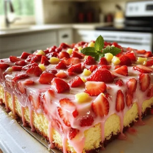 This cake needs simple and fresh items to shine. Here’s what you’ll need: - 2 cups all-purpose flour - 1 ½ cups granulated sugar - 1 tablespoon baking powder - ½ teaspoon salt - ½ cup unsalted butter, softened - 1 cup buttermilk, at room temperature - 4 large eggs - Zest of 2 lemons - 1/3 cup fresh lemon juice - 1 cup fresh strawberries, diced - 1 teaspoon vanilla extract For the Lemonade Glaze: - 1 ½ cups powdered sugar - 2-3 tablespoons fresh lemon juice - 1 tablespoon lemon zest (optional) - Additional diced strawberries for topping Using fresh strawberries and lemons makes a big difference. Fresh strawberries add sweet flavor and bright color. They keep the cake moist and tasty. Fresh lemons give a zesty kick. Their juice and zest bring a lively tartness. This balance makes every bite refreshing and delightful. Fresh ingredients also affect the cake's texture. They help create a light and airy crumb. When your cake has the right texture, it feels perfect in your mouth. The cake will be more enjoyable, and every bite will taste better. If you're looking for gluten-free options, try almond flour or coconut flour. They work well in this cake. Just remember to adjust the measurements, as these flours can behave differently. For vegan substitutions, use a plant-based butter and flax eggs. To make a flax egg, mix 1 tablespoon of ground flaxseed with 2.5 tablespoons of water. Let it sit for five minutes to thicken. For buttermilk, mix almond milk with a splash of lemon juice and let it sit for a few minutes. You can also add different flavors. Try mixing in blueberries or raspberries for a twist. Fresh herbs like basil or mint can give an exciting flair to your cake. - Preheat your oven: Set it to 350°F (175°C). This helps the cake cook evenly. - Prepare the pan: Grease and flour a 13x18-inch sheet cake pan. This prevents sticking. - Mix dry ingredients: In a large bowl, whisk together 2 cups of flour, 1 ½ cups of sugar, 1 tablespoon of baking powder, and ½ teaspoon of salt. This step adds good flavor and lift to the cake. - Cream butter and sugar: In a separate bowl, beat ½ cup of softened butter until creamy. Gradually add the sugar and mix until fluffy. This adds a nice texture. - Combine wet ingredients: Add 1 cup of buttermilk, 4 large eggs, the zest of 2 lemons, 1/3 cup of fresh lemon juice, and 1 teaspoon of vanilla. Mix until smooth. - Add dry to wet: Gradually mix the dry ingredients into the wet mixture. Stop mixing when just combined. This helps keep the cake light. - Fold in strawberries: Gently fold in 1 cup of diced strawberries. Use a spatula and be careful not to smash them. This keeps the strawberries intact. - Avoid overmixing: Overmixing can lead to a dense cake. Mix just enough to blend all ingredients. - Bake: Pour the batter into the prepared pan. Bake for 25-30 minutes. A toothpick should come out clean when done. - Cool: Let the cake cool in the pan for 10 minutes. Then move it to a wire rack. Cooling completely is crucial for the best texture. To achieve a moist and fluffy cake, use room temperature ingredients. This includes butter, eggs, and buttermilk. Mix the butter and sugar until fluffy. This adds air, making the cake light. Check for doneness by inserting a toothpick into the center. If it comes out clean or with a few crumbs, your cake is ready. Bake at 350°F for 25-30 minutes for the best results. For the right glaze consistency, combine powdered sugar with lemon juice. Start with 2 tablespoons of lemon juice. If it's too thick, add more juice slowly until you reach the desired thickness. Glaze the cake after it cools completely. Drizzle the glaze over the top, letting it flow naturally down the sides. This creates a lovely look and adds flavor. To decorate the cake, cut it into even squares. Place each piece on colorful plates for a fun touch. Top with fresh mint leaves and diced strawberries for added color. Serve each slice with a glass of cold strawberry lemonade. This not only enhances the flavor but also makes for a refreshing treat. Enjoy the burst of strawberry and lemon in every bite! {{image_2}} You can mix things up with different fruits. Raspberries add a nice tartness. Blueberries bring a sweet burst of flavor. You can also add fresh herbs. Basil adds a unique twist. Mint gives a refreshing note. Just chop them finely and fold them into the batter. If you need gluten-free options, use almond or coconut flour. These flours work well in cakes. For a vegan take, swap eggs for flaxseed meal. You can use a plant-based milk for buttermilk. Just mix in a bit of vinegar for the right flavor. You can change the shape of your cake too. Transform it into cupcakes for a fun treat. If you prefer layer cakes, bake in round pans. Just adjust the baking time. Cupcakes take about 18-20 minutes. Layer cakes may need 10-15 minutes longer. Always check with a toothpick to ensure they're done. To keep your Strawberry Lemonade Sheet Cake fresh, store it in an airtight container. Cover the cake with plastic wrap or foil. This will help prevent it from drying out. Place the cake in the fridge if you want it to last longer. It stays fresh for up to five days when refrigerated. To freeze your cake, let it cool completely. Wrap it tightly in plastic wrap and then in aluminum foil. This double layer protects the cake. You can freeze it for up to three months. When you want to eat it, thaw it in the fridge overnight. This helps the cake stay moist and tasty. At room temperature, the cake lasts about two days if covered. In the fridge, it can last up to five days. Check for signs of spoilage, like an off smell or mold. If you see any, it's best to throw the cake away. Always trust your nose and eyes when it comes to food safety. To keep leftover cake fresh, wrap it tightly. Use plastic wrap or foil. Place it in an airtight container. This helps prevent it from drying out. Store the cake at room temperature for up to three days. If you need to store it longer, refrigerate it for up to a week. Yes, you can use frozen strawberries. They will work well, but the texture may change. Frozen strawberries release more juice when thawed. This can make the cake slightly wetter. To avoid this, drain excess juice before adding them to the batter. Fresh strawberries give a brighter flavor and better texture. If you want less sweetness, reduce the sugar by a half cup. For a sweeter cake, add up to a half cup more sugar. Always taste the batter before baking. The sweetness can change after baking, so find the right balance for you. If you lack buttermilk, you can make a substitute. Mix one cup of milk with one tablespoon of lemon juice or vinegar. Let it sit for five minutes before adding it to your batter. You can also use plain yogurt or sour cream for a similar effect. Check the cake after 25 minutes of baking. Insert a toothpick into the center. If it comes out clean or with a few crumbs, the cake is done. If it has wet batter on it, bake for a few more minutes. The edges will also pull away from the pan when the cake is ready. This blog post covered everything you need for a delicious cake. We explored the best fresh ingredients and their impact on flavor. You learned step-by-step instructions for baking and how to create a moist texture. We shared helpful tips for glazing and presentation. Plus, you discovered fun variations, storage tips, and answers to common questions. Now, you can bake with confidence. Use this knowledge to impress friends and family with your cake-making skills. Enjoy the process and have fun creating!