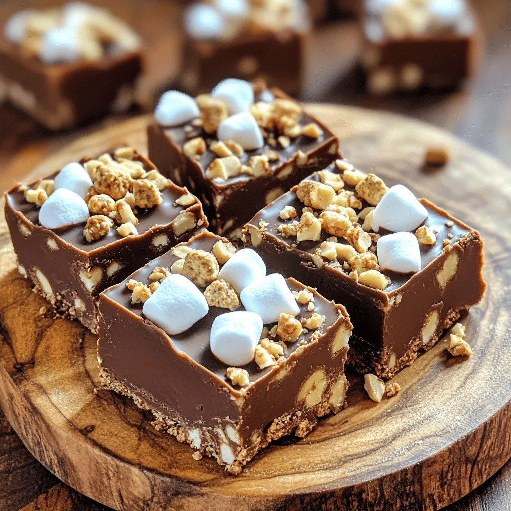 - 2 cups semi-sweet chocolate chips - 1 cup sweetened condensed milk - 1 cup mini marshmallows - 1 cup crushed graham crackers - 1/2 cup chopped walnuts (or any nuts of your choice) - 1 teaspoon vanilla extract - Pinch of salt - Use measuring cups and spoons for accuracy. Measuring correctly helps you achieve the best taste and texture. It ensures the fudge sets properly. Use a dry measuring cup for the chocolate chips and graham crackers. Use a liquid measuring cup for the sweetened condensed milk. For small amounts like vanilla and salt, use measuring spoons. This step makes a big difference in your final treat. Start by lining your 8-inch square baking dish with parchment paper. This helps make the fudge easy to remove later. Leave some paper hanging over the sides. This overhang works like a handle. It makes lifting the fudge out simple. Set the dish aside for now. Next, we need to melt the chocolate. Use a medium saucepan. Place the saucepan on low heat. Add the semi-sweet chocolate chips and sweetened condensed milk. Stir gently as it melts. This ensures a smooth and creamy texture. Be patient and keep stirring until it looks shiny and blended. Remove the saucepan from the heat. Now, let's add some flavor. Stir in the vanilla extract and a pinch of salt. Mix well to combine the flavors. After that, fold in the mini marshmallows, crushed graham crackers, and chopped walnuts. Make sure everything is evenly mixed throughout the fudge. Each bite should be full of different tastes and textures. Pour the fudge mixture into your prepared baking dish. Use a spatula to spread it evenly. Smooth the top so it looks nice. Now, place the dish in the refrigerator. Let it chill for about two hours. This cooling time helps the fudge firm up. You want it to be set but still soft enough to cut. Once the fudge is set, lift it out using the parchment paper. Place it on a cutting board. Cut it into squares. For a fun touch, arrange the squares on a platter. Top them with extra mini marshmallows and a sprinkle of crushed graham crackers. This makes for a beautiful and tasty presentation. Enjoy your delicious treat! To make great fudge, avoid common mistakes. First, do not rush melting the chocolate. Use low heat and stir slowly for a smooth mix. If you burn the chocolate, it will seize. This ruins the creamy texture. Next, be careful not to overmix when adding the marshmallows and nuts. Gently fold them in to keep their shape. Lastly, remember to chill the fudge long enough. If it’s too soft, cutting will be messy. You can make this fudge even better with fun twists. Try adding a pinch of sea salt on top for a sweet-salty combo. You can also swap the walnuts for pecans or almonds based on your taste. For a fruity touch, add dried cherries or cranberries. Feeling adventurous? Use dark chocolate chips instead of semi-sweet. This adds a rich flavor that balances well with the sweetness of the marshmallows. How you display your fudge can make it look extra special. Cut the fudge into neat squares and place them on a cute platter. For a festive touch, top each square with extra mini marshmallows and a sprinkle of crushed graham crackers. You can also arrange the fudge in layers, using colorful candy or fruits between each layer. This makes it eye-catching and fun! {{image_2}} If you have nut allergies, you can still enjoy this fudge. Simply skip the walnuts or any nuts. The fudge will be just as tasty. You can replace nuts with extra graham crackers or even some crispy rice cereal. This keeps the crunch while being safe for everyone. For a gluten-free version, use gluten-free graham crackers. Look for brands that are labeled gluten-free. This small change lets you enjoy the same great taste without gluten. You can also use crushed gluten-free cookies for a fun twist. Want to mix things up? You can try using dark chocolate instead of semi-sweet chocolate. This gives the fudge a richer taste. Adding a sprinkle of sea salt on top can bring out the flavors even more. You might also add toppings like crushed candy bars or sprinkles. Each twist makes your fudge unique and fun! To keep your Chocolate Marshmallow Rocky Road Fudge fresh, follow these steps: - Cool Completely: Let the fudge cool in the pan before storing. - Use Airtight Containers: Place pieces in a clean, airtight container. - Layer with Parchment: Use parchment paper between layers to prevent sticking. - Store in a Cool Place: Keep it in a cool, dry spot away from heat. These steps help maintain the fudge’s texture and taste. You want it to stay soft and chewy for as long as possible. If you want to freeze your fudge, here’s how to do it: 1. Cut into Squares: Slice the fudge into squares for easy thawing. 2. Wrap Individually: Wrap each square in plastic wrap tightly. 3. Place in a Freezer Bag: Put all wrapped squares in a freezer bag. 4. Label and Date: Write the date on the bag for reference. 5. Freeze: Store in the freezer for up to three months. To thaw, just take out a square and let it sit at room temperature for about 30 minutes. Your fudge can last a while if stored right: - At Room Temperature: It lasts for about a week. - In the Fridge: It stays fresh for two to three weeks. - In the Freezer: It can last up to three months. Always check for any signs of spoilage before enjoying your fudge. Proper storage makes all the difference in keeping it tasty! Yes, you can use different chocolates. Dark chocolate adds a rich taste. Milk chocolate makes it sweeter. White chocolate gives a creamy texture. Just keep the same amount. You might need to adjust the sweetness based on your choice. You can use coconut cream as a creamy base. Blend it with chocolate until smooth. Another option is using nut butter, like almond or peanut butter. This gives a nice flavor and creaminess. Just ensure you mix well for a smooth fudge. To cut fudge neatly, chill it well. Use a sharp knife to slice. Wipe the knife with a damp cloth after each cut. This helps keep the edges clean. You can also use a pizza cutter for straight lines. Absolutely! You can mix in dried fruits like cherries or raisins. Add candy bits for extra sweetness. For a crunch, try adding pretzels or crispy rice. Just be sure to balance the flavors. Now you have all you need to make delicious fudge. You learned about important ingredients and their measurements. You saw simple steps to prepare, serve, and store your fudge. Remember, you can tweak the recipe with flavors and variations. Keep these tips in mind to deliver a treat everyone will love. Enjoy making and sharing your fudge creations! It's all about having fun and being creative in the kitchen.