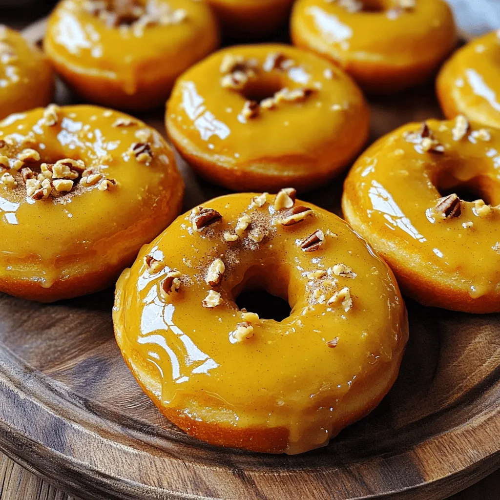 - 1 cup canned pumpkin puree - 1/2 cup granulated sugar - 1/2 cup brown sugar, packed - 2 large eggs - 1/4 cup vegetable oil - 1/4 cup buttermilk - 1 teaspoon vanilla extract - 2 cups all-purpose flour - 1 teaspoon baking powder - 1 teaspoon baking soda - 1 teaspoon ground cinnamon - 1/2 teaspoon ground nutmeg - 1/4 teaspoon ground ginger - 1/4 teaspoon salt - For the Maple Glaze: - 1 cup powdered sugar - 2 tablespoons pure maple syrup - 1-2 tablespoons milk (as needed for consistency) These ingredients create a perfect balance of flavors. The pumpkin puree adds moistness and a warm taste. The sugars bring sweetness and depth. Eggs help bind the mixture, giving it structure. The vegetable oil keeps the donuts light and fluffy. Buttermilk adds a slight tang, helping to lift the donuts. The spices, like cinnamon and nutmeg, give that cozy fall vibe. Each ingredient plays a key role in making these donuts special. The maple glaze ties it all together with its rich sweetness. It’s easy to find these ingredients at your local store. You can even swap some items if needed. Try using fresh pumpkin if you want a different flavor. Just make sure it’s pureed smoothly. Enjoy gathering these ingredients; they set the stage for a delightful treat! 1. Preheat your oven to 350°F (175°C). This temperature helps the donuts rise well. 2. Grease a donut pan with cooking spray or oil. This prevents sticking and helps with easy removal. 3. In a large mixing bowl, combine these wet ingredients: - 1 cup canned pumpkin puree - 1/2 cup granulated sugar - 1/2 cup brown sugar, packed - 2 large eggs - 1/4 cup vegetable oil - 1/4 cup buttermilk - 1 teaspoon vanilla extract Whisk until smooth. Make sure everything blends well. 4. In a separate bowl, mix the dry ingredients: - 2 cups all-purpose flour - 1 teaspoon baking powder - 1 teaspoon baking soda - 1 teaspoon ground cinnamon - 1/2 teaspoon ground nutmeg - 1/4 teaspoon ground ginger - 1/4 teaspoon salt This step adds flavor and helps the donuts rise. 5. Gradually add the dry ingredients to the wet mixture. Stir gently until just combined. Some lumps are okay, so don’t overmix. 6. Using a piping bag or a zip-top bag with a corner snipped off, fill the donut pan cavities about 2/3 full. This helps them bake evenly. 7. Bake the donuts for 10-12 minutes. They are done when a toothpick comes out clean. A golden color shows they are ready. 8. Once baked, cool the donuts in the pan for 5 minutes. Then, transfer them to a wire rack to cool completely. 9. While the donuts cool, prepare the maple glaze. In a small bowl, whisk together: - 1 cup powdered sugar - 2 tablespoons pure maple syrup - 1-2 tablespoons milk (as needed for consistency) You want the glaze to be pourable but not too runny. 10. Once the donuts are cool, dip the tops into the glaze. Allow the excess to drip off. 11. Place the glazed donuts back on the wire rack. Let them set before serving. Enjoy the sweet, rich flavor! - How to avoid overmixing the batter: Mix the wet and dry ingredients gently. It's okay if some lumps remain. Overmixing can make your donuts tough. - Ensuring perfect donut texture: Use room temperature ingredients for the best rise. The batter should be thick yet pourable. - Achieving the right glaze consistency: Start with one tablespoon of milk. Add more slowly until the glaze flows but holds its shape. - Techniques for dipping and setting glaze: Dip the donut tops in the glaze. Allow excess glaze to drip off before placing them on a wire rack to set. - Serving suggestions for added appeal: Use a rustic wooden platter. Drizzle extra maple glaze over the donuts. Add a sprinkle of cinnamon or chopped nuts for a nice touch. - How to store and present leftovers: Keep the donuts in an airtight container. For best taste, enjoy them within three days. {{image_2}} You can change the flavor of your donuts by adding chocolate chips or nuts. Just mix in 1/2 cup of your favorite chocolate chips or chopped nuts into the batter. This adds a nice crunch and a new taste. You can also switch up the spices. Try using allspice or cardamom for a different twist. Each spice gives the donuts a unique flavor profile. For gluten-free options, use a gluten-free flour blend instead of all-purpose flour. Brands like Bob’s Red Mill or King Arthur Flour work well. If you want to make these donuts vegan, swap the eggs for flax eggs. Mix 1 tablespoon of ground flaxseed with 2.5 tablespoons of water for each egg. For buttermilk, use almond milk with a teaspoon of vinegar. This will give you a great dairy-free substitute. You can also get creative with your glaze. Instead of maple syrup, try using honey or agave syrup. These will give your donuts a different sweetness. You can add cinnamon or vanilla to the glaze for extra flavor. Just mix in 1/2 teaspoon of cinnamon or 1 teaspoon of vanilla extract. This small change makes a big difference in taste. To keep your maple glazed pumpkin donuts fresh, place them in an airtight container. This keeps them moist and tasty for a longer time. If you have extra donuts, you can freeze them. Wrap each donut in plastic wrap or foil. Then, place them in a freezer bag. This will protect them from freezer burn. In the fridge, these donuts last about 3 to 5 days. Just be sure to seal them well to retain flavor. If you freeze them, they can last up to 3 months. To reheat, let them thaw in the fridge overnight. Warm them in the oven for a few minutes. This will bring back their soft texture. Enjoy them fresh! How to make donuts fluffy? To make your donuts fluffy, use fresh baking powder and baking soda. Ensure you don't overmix the batter. Mixing just until combined keeps air in, which helps them rise. Also, baking at the right temperature is key. Can I use fresh pumpkin instead of canned? Yes, you can use fresh pumpkin. Just cook and puree it until smooth. Make sure to drain any excess water. This helps keep your donuts from becoming soggy. Fresh pumpkin gives a great flavor too! Alternatives for buttermilk You can make a buttermilk substitute easily. Mix 1/4 cup milk with 1 teaspoon of vinegar or lemon juice. Let it sit for a few minutes. This will give you the tangy flavor you need. What if I don’t have pumpkin puree? If you don't have pumpkin puree, try using sweet potato puree. You could also use applesauce, but it will change the taste. Both can give a nice texture and flavor to your donuts. How do I know when the donuts are done? Your donuts are done when a toothpick comes out clean from the center. They should also be golden brown. Keep an eye on them, as baking time may vary. Can I make mini donuts using this recipe? Absolutely! You can use a mini donut pan for smaller treats. Just reduce the baking time slightly, about 6-8 minutes should work. Enjoy these cute bites! You learned how to make tasty baked pumpkin donuts with a maple glaze. We covered all ingredients, step-by-step instructions, and helpful tips. You can try fun variations and learn storage methods too. Don’t hesitate to customize the recipe or make changes to fit your needs. Enjoy making these donuts and share your delicious results. Happy baking!