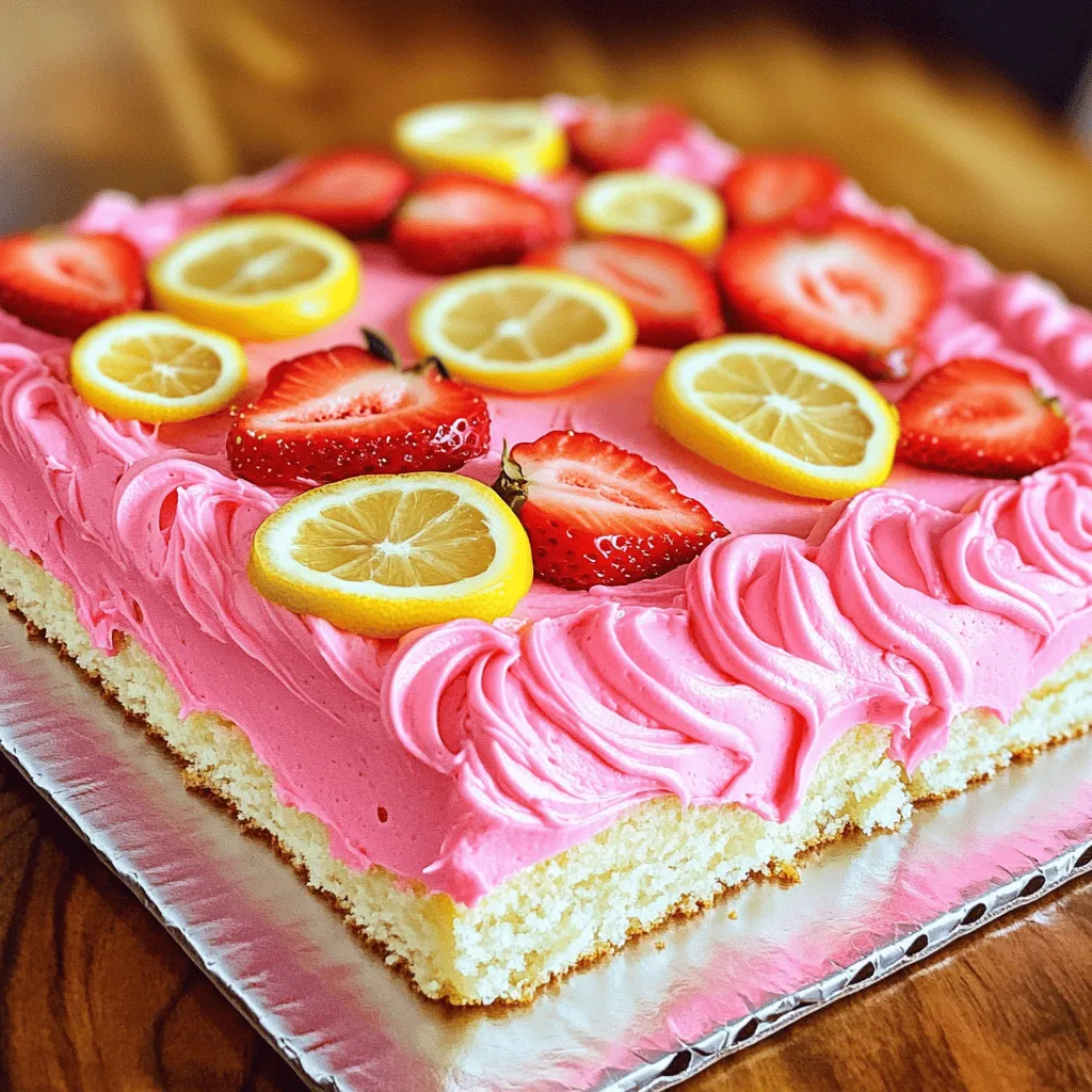 To make a delightful Strawberry Lemonade Sheet Cake, gather the following ingredients: - 2 cups all-purpose flour - 1 ½ cups granulated sugar - 1 tablespoon baking powder - ½ teaspoon salt - ½ cup unsalted butter, softened - 1 cup buttermilk - 3 large eggs - Zest of 2 lemons - ¼ cup fresh lemon juice - 1 cup fresh strawberries, pureed - 1 teaspoon vanilla extract - ½ cup powdered sugar (for icing) - 2 tablespoons fresh lemon juice (for icing) - Fresh strawberries and lemon slices (for garnish) Each ingredient plays a key role in creating the perfect balance of sweet and tart flavors. The all-purpose flour gives the cake structure, while the granulated sugar adds sweetness. Baking powder helps the cake rise, and salt enhances all the flavors. Unsalted butter adds richness and moisture, and buttermilk makes the cake tender. The eggs provide stability and help with rising. Lemon zest and juice bring a bright, fresh taste that pairs wonderfully with the pureed strawberries. For the icing, powdered sugar mixed with lemon juice creates a smooth finish that complements the cake. Lastly, fresh strawberries and lemon slices make for a lovely garnish, adding a pop of color and extra flavor. With these ingredients ready, you'll create a cake that shines at any summer gathering. First, you need to prepare your oven. Preheat it to 350°F (175°C). This helps the cake bake evenly. Next, take a 9x13 inch baking pan. Grease it well with butter or oil. Then, sprinkle a bit of flour on it. This keeps the cake from sticking. In a large bowl, mix the dry ingredients. Add 2 cups of all-purpose flour, 1 ½ cups of granulated sugar, 1 tablespoon of baking powder, and ½ teaspoon of salt. Whisk these together until they blend well. Now, it’s time for the wet ingredients. Add ½ cup of softened unsalted butter, 1 cup of buttermilk, and 3 large eggs. Then, include the zest of 2 lemons, ¼ cup of fresh lemon juice, 1 cup of pureed strawberries, and 1 teaspoon of vanilla extract. Mix all these until the batter is smooth and well combined. Pour the batter into your prepared baking pan. Spread it evenly so it cooks well. Place the pan in the oven and bake for 25-30 minutes. To check if it’s done, insert a toothpick in the center. If it comes out clean, the cake is ready. Let the cake cool in the pan for about 10 minutes. After that, transfer it to a wire rack to cool completely. This step is key for the icing to stick later. To ensure your cake rises well and stays moist, follow these tips: - Use room temperature ingredients. Bring your butter, eggs, and buttermilk to room temperature. This helps the batter mix well. - Don’t overmix the batter. Mix just until combined. Overmixing can make the cake tough. - Check the oven temperature. An oven thermometer can help ensure the right baking temperature. - Do not open the oven door too soon. This can cause the cake to sink. Wait until the last few minutes to check. Achieving the perfect icing consistency is key for a beautiful finish: - Use powdered sugar. This helps create a smooth and thick icing. - Add lemon juice slowly. Start with two tablespoons, then adjust. You want a spreadable but not runny icing. - Mix thoroughly. Stir until there are no lumps. It should be glossy and smooth. - Spread on a cooled cake. Ensure the cake is completely cool before icing. This prevents melting. To make your cake look extra special, consider these ideas: - Garnish with fresh strawberries and lemon slices. They add a pop of color and freshness. - Use a spatula for icing. A small offset spatula helps spread icing evenly. - Add zest on top. Sprinkle some lemon zest for a vibrant look. - Cut into squares for serving. This makes it easy for guests to grab a piece. {{image_2}} You can change the flavor of this cake easily! Swap strawberries for other berries like blueberries or raspberries. You can also try using different citrus fruits. Oranges and limes offer a fun twist! If you need to adjust for dietary needs, make this cake gluten-free by using a gluten-free flour blend. For a dairy-free version, replace buttermilk with almond milk mixed with lemon juice. These options keep the cake tasty and fresh! Want to serve this cake in a different way? You can adapt the recipe for layer cakes or cupcakes. For layer cakes, use two 9-inch round pans. Divide the batter evenly and bake. For cupcakes, fill each liner about two-thirds full. Bake them for 18-20 minutes. Both options will still give you that yummy strawberry lemonade taste! Every season brings unique ingredients! In spring, add fresh mint for a cool hint. In summer, swap in peaches for a juicy twist. Fall brings apples, which can mix well with lemon. Winter can feature cranberries for a tart punch. Using seasonal ingredients can make your cake even more special. Just think about what’s fresh and in season, and get creative! To keep your strawberry lemonade sheet cake fresh, store it in an airtight container. This helps prevent it from drying out. Place the container in a cool, dry area. If you have leftover cake, you can also wrap it tightly in plastic wrap. This method keeps the cake moist and tasty. You can freeze the cake before icing it. Wrap the cooled cake in plastic wrap, then place it in a freezer bag. This way, it stays fresh for up to three months. If you want to freeze it after icing, wait until the icing hardens. Then, wrap the cake gently. Keep it in the freezer for up to two months. The strawberry lemonade sheet cake lasts about three days at room temperature. If you store it in the fridge, it can stay fresh for up to a week. After that, the taste and texture may decline. Always check for any signs of spoilage before enjoying your cake. To measure flour correctly, use a spoon. Scoop flour into a measuring cup. Then level it off with a straight edge. Do not pack it down or shake the cup. This method ensures you get the right amount without adding extra flour. Too much flour can make your cake dry. For best results, weigh flour using a kitchen scale. One cup of all-purpose flour is about 120 grams. Yes, you can make this cake ahead of time. Bake the cake and let it cool completely. Wrap it tightly in plastic wrap. Store it at room temperature for up to two days. You can also freeze the cake for longer storage. Just make sure it is well-wrapped. When you're ready to eat, thaw it in the fridge overnight. Ice the cake just before serving for best flavor. If your cake is too dry, don't worry! You can fix it. First, try adding a simple syrup. Combine equal parts sugar and water in a pot. Heat until the sugar dissolves, then cool. Brush the syrup over the cake layers. This adds moisture and sweetness. You can also serve the cake with whipped cream or fresh fruit. This will enhance the texture and flavor. This blog post covered all you need for a delicious cake. We discussed the key ingredients, simple steps, and helpful tips. You can use various fruits or adjust for dietary needs. Storing and freezing options keep your cake fresh for longer. Remember, baking is a mix of fun and learning. Enjoy trying these ideas, and soon you'll bake a great cake with ease.