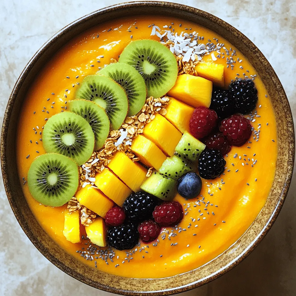 - 2 ripe mangoes, peeled and diced - 1 banana, sliced - 1 cup coconut milk (or almond milk) - ½ cup Greek yogurt (optional for creaminess) - 1 tablespoon honey or agave syrup (optional) - ½ teaspoon vanilla extract The main ingredients make this smoothie bowl rich and tasty. Ripe mangoes bring a sweet, tropical flavor. When choosing mangoes, look for ones that feel soft but not mushy. The banana adds creaminess and sweetness. Coconut milk gives a nice, smooth texture. You can swap it with almond milk if you prefer. Greek yogurt is optional but adds extra creaminess and protein. If you want a sweeter taste, add honey or agave syrup. Just a little bit of vanilla extract enhances all the flavors. - Sliced kiwi - Fresh berries - Granola - Shredded coconut - Chia seeds Toppings make your smoothie bowl fun and colorful. Sliced kiwi adds a pop of green and a tart taste. Fresh berries, like strawberries or blueberries, add more sweetness and bright color. Granola gives a nice crunch and can be sweet or plain. Shredded coconut adds a tropical feel and chewy texture. Chia seeds are great for extra nutrition and a little crunch. You can mix and match these toppings based on what you like or have at home. How to peel and dice mangoes To peel a mango, hold it upright. Use a sharp knife to slice off the skin. Be careful of the pit in the center. Once peeled, cut the mango into halves. Dice the flesh into small cubes. This makes it easy to blend. Slicing the banana Grab a ripe banana. Hold it in one hand. With a knife, slice it into thin pieces. Aim for pieces that are about half an inch thick. This helps the banana blend smoothly into your smoothie. Blending tips for a smooth texture Add the diced mango, banana slices, coconut milk, and Greek yogurt to the blender. Blend on high speed. Stop to scrape down the sides as needed. This helps the fruit mix evenly. Blend until you see a creamy texture. Adjusting consistency with coconut milk If your smoothie seems thick, add more coconut milk. Pour in a little at a time. Blend again until you reach your desired thickness. A smooth bowl is key for a great experience. Pouring the smoothie into a bowl Once blended, take the smoothie and pour it into a bowl. Use a spatula to help if needed. Aim for a nice, even layer at the bottom. Arranging the toppings artistically Now comes the fun part! Start with sliced kiwi and fresh berries. Place them on top of the smoothie. Next, sprinkle granola for some crunch. Add shredded coconut for texture. Finally, sprinkle chia seeds for a healthy touch. Enjoy the colorful presentation! To pick a ripe mango, look for a few key signs. A ripe mango feels soft when you gently press it. The skin may show a bit of color change, often turning yellow or red. Also, a sweet smell near the stem is a good sign. Avoid mangoes that have dark spots or wrinkles, as they may be overripe. You can easily boost your smoothie bowl with superfoods. Adding spinach or kale gives it a nutrient kick without changing the taste much. Protein powder can help keep you full longer. If you want some sweetness without extra calories, try stevia or monk fruit. They work well and keep your bowl light. Make your smoothie bowl visually stunning! Start by pouring the smoothie into a wide, shallow bowl. Then, get creative with your toppings. Arrange sliced kiwi and berries in a rainbow pattern. You can sprinkle granola for crunch and add shredded coconut for a tropical feel. A sprinkle of chia seeds adds a nice touch, too! {{image_2}} You can switch up fruits for your smoothie bowl. Try using pineapple or papaya for a tropical twist. These fruits add a sweet and tangy flavor. You can also mix in berries, like strawberries or blueberries. They bring a pop of color and extra nutrients. Don’t be afraid to experiment; each fruit brings its own taste and texture. Want to make a vegan smoothie bowl? Simply skip the Greek yogurt. Use coconut milk or almond milk instead. Both give a creamy texture without dairy. To make it gluten-free, just check your granola. Many brands are gluten-free. This way, everyone can enjoy your delicious bowl. Do you like a thicker smoothie bowl? Add less liquid, such as coconut milk. You can also freeze your banana before blending. This gives a nice, creamy texture. For a lighter smoothie, add more coconut milk until you reach your desired thickness. Blend on high speed for a smooth finish. This will help you find the right texture for your bowl. You can make your smoothie bowl ahead of time. Blend the mangoes, banana, and coconut milk. Store the smoothie mix in an airtight container. Keep it in the fridge for up to 24 hours. This way, you save time for busy mornings. Just add your toppings before serving for a fresh look. To freeze the smoothie base, pour it into ice cube trays. Once frozen, pop the cubes into a freezer bag. This keeps your smoothie fresh for up to three months. When you want a bowl, blend a few cubes with your choice of milk until smooth. This method is quick and easy. If you have leftovers, store them in a sealed container. The smoothie will last in the fridge for about one day. Stir it well before eating. If it separates, just give it a quick blend. Enjoy the taste of tropical mango even in your leftovers! Yes, you can use frozen fruit! Frozen mangoes and bananas work great. They make your smoothie bowl extra cold and thick. Just remember to blend longer if your fruit is frozen. This gives a nice, creamy texture. If you want to switch it up, use almond milk or oat milk. Both options keep your smoothie bowl creamy and tasty. They also change the flavor a bit, making it fun to try new things. To keep it dairy-free, skip the Greek yogurt. Use coconut milk or almond milk instead. You can also add a banana for creaminess. This way, you enjoy a rich flavor without any dairy. A Tropical Mango Smoothie Bowl is packed with vitamins. One serving has about 250 calories. It gives you vitamin C, potassium, and fiber. The toppings add extra nutrients and crunch, making it a healthy choice. Yes! You can use a dairy-free yogurt or a banana. Both options keep the smoothie bowl creamy. They also add flavor without using Greek yogurt. This way, you can enjoy a tasty bowl that fits your needs. You can create a delicious Tropical Mango Smoothie Bowl with ease. We explored key ingredients like ripe mangoes, bananas, and coconut milk. I shared step-by-step instructions for blending and topping your bowl. You learned helpful tips for ripeness and creative presentations. In the end, this smoothie bowl is versatile, nutritious, and fun to make. Enjoy experimenting with different fruits and toppings. Each bowl can be unique, just like your taste. Dive in and enjoy your healthy treat!