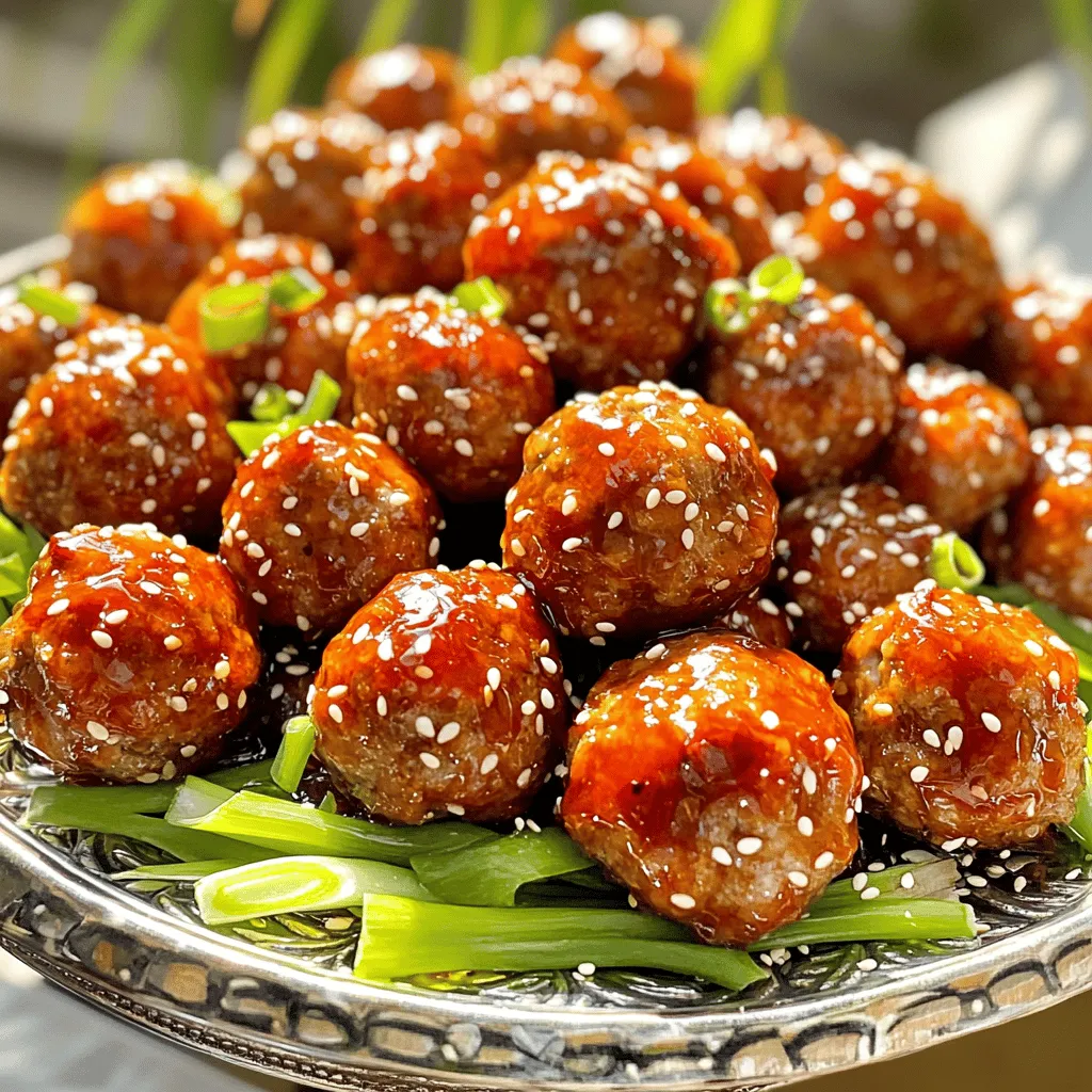 - 1 pound ground beef or turkey - 1/2 cup breadcrumbs - 1/4 cup grated Parmesan cheese - 2 cloves garlic, minced - 1 tablespoon fresh ginger, grated - 1 large egg - 1/4 cup sriracha sauce (adjust to taste) - 1/4 cup honey - 1 teaspoon sesame oil - Salt and pepper to taste For this tasty dish, you can choose ground beef or turkey. Ground turkey is lighter but still gives great flavor. The breadcrumbs help the meatballs hold their shape. Adding Parmesan cheese adds a nice, salty touch. Garlic and ginger bring a fresh kick too. Next, we have the sriracha honey sauce. This sauce is what makes the meatballs special. The heat from the sriracha mixes well with the sweet honey. It creates a balance that is hard to resist. Sesame oil adds depth and a hint of nuttiness. Finally, don’t forget the basics: salt and pepper. They enhance all the flavors. The egg helps bind everything together. All these ingredients combine to create a delicious dish that you will love! - Preheat the oven to 400°F (200°C) and line a baking sheet with parchment paper. - In a large bowl, combine: - 1 pound ground beef (or turkey) - 1/2 cup breadcrumbs - 1/4 cup grated Parmesan cheese - 1 large egg - 2 cloves garlic, minced - 1 tablespoon fresh ginger, grated - 1 tablespoon soy sauce - Salt and pepper to taste - Mix the meat mixture with your hands or a spoon until it’s combined. - Shape the mixture into meatballs, about 1 inch wide. - Place the meatballs on the prepared baking sheet, leaving space between them. - In a small bowl, whisk together: - 1/4 cup sriracha sauce - 1/4 cup honey - 1 teaspoon sesame oil - Brush half of this sauce over the meatballs. - Bake for 15-20 minutes, until they are browned and cooked through. - In the last 5 minutes, brush the remaining sauce over the meatballs for more flavor. - Remove from the oven and let the meatballs cool for a few minutes before serving. To make great meatballs, you need the right mix. Avoid overmixing the meat. If you mix too much, the meatballs can turn tough. Just mix until the ingredients blend nicely. When shaping the meatballs, keep them about 1 inch in size. Use your hands for this. Lightly roll them to keep them round and smooth. This helps them cook evenly. If you want more heat, add a bit more sriracha. You can also mix in some chopped jalapeños for an extra kick. For sweetness, add a touch more honey. Feel free to experiment with sauces. Serve with extra sriracha honey sauce on the side. You can also drizzle soy sauce or teriyaki sauce for a different taste. To check if meatballs are done, look for a nice brown color. They should feel firm but not hard. Use a meat thermometer to be sure. The center should reach 160°F for beef or turkey. If you need to adjust the oven temperature, keep it around 400°F. This helps the meatballs cook quickly and evenly. If you notice they’re browning too fast, lower the temperature slightly. {{image_2}} You can switch ground beef for ground chicken or turkey. This choice makes the meatballs lighter but still tasty. If you want a meat-free option, try using lentils or chickpeas. Mash them up and mix with the other ingredients. This way, you can enjoy the same flavor but with a different texture. To boost the taste, add spices like paprika or cumin. Fresh herbs such as cilantro or basil also work well. You can even add some chopped green onions for a fresh kick. Adjust the sriracha for more heat or use sweet chili sauce for a milder flavor. There are many ways to make these meatballs your own. You don’t have to bake these meatballs; try cooking them on the stovetop. Just brown them in a pan with a little oil for about 10 minutes. For a smoky flavor, grill them for 8-10 minutes. You can also use a slow cooker. Cook on low for 4 hours with the sriracha honey sauce poured over the top. Each method gives a unique taste to your meatballs. To keep your spicy sriracha honey meatballs fresh, store them in the fridge. Place them in an airtight container. They will last for about three to four days. If you want to keep them longer, you can freeze them. For freezing, wrap each meatball in plastic wrap. Then place them in a freezer bag. They will stay good for up to three months. When it’s time to enjoy the leftovers, you have a few options. The best method is to reheat them in the oven. Preheat your oven to 350°F (175°C). Place the meatballs on a baking sheet and heat for about 10 to 15 minutes. You can also use the microwave. Place the meatballs on a plate and cover them. Heat in 30-second intervals until warm. These meatballs pair well with many sides. Serve them over steamed rice or noodles for a full meal. You can also add a fresh salad for a crunchy balance. Drizzle any leftover sriracha honey sauce over the dish for extra flavor. For a fun twist, serve them as appetizers with toothpicks. Bake the meatballs for 15 to 20 minutes. They should be brown and cooked through. Use a meat thermometer to check. The center should reach 160°F for beef or turkey. Yes, you can make these meatballs ahead. Shape them and store in the fridge for up to a day. You can also freeze them for up to three months. Just bake them frozen, adding a few extra minutes to the cooking time. If you need a sriracha substitute, try chili garlic sauce or hot sauce. You can also blend red pepper flakes with honey for a sweet and spicy mix. Adjust the amount based on your heat preference. In this post, we explored how to make delicious meatballs using simple ingredients like ground beef, breadcrumbs, and parmesan cheese. We also created a flavorful sriracha honey sauce to brush on the meatballs. Cooking tips helped ensure your meatballs turn out great every time. Remember, you can mix it up with different proteins or cook them in various ways. Save some for later by following our storage tips. Enjoy these meatballs with your favorite sides, and don’t hesitate to experiment with flavors. Happy cooking!