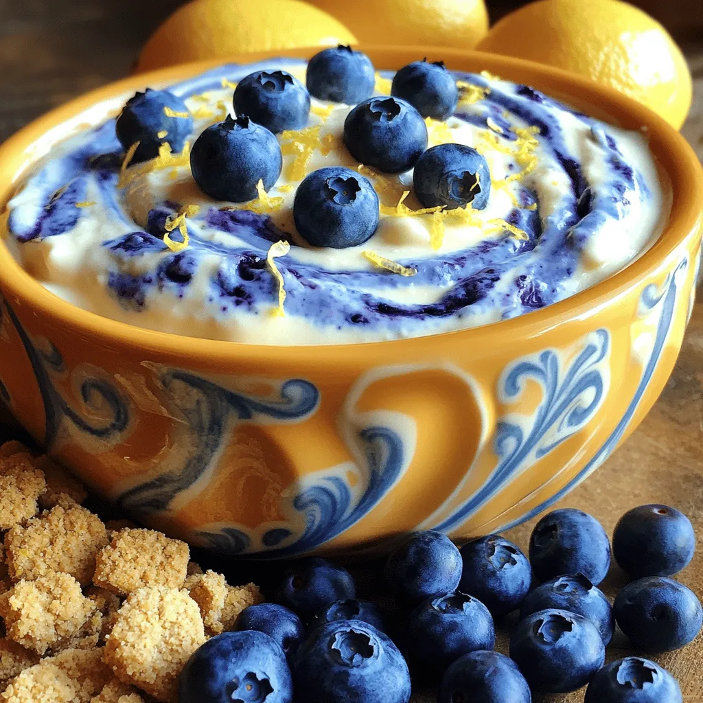To make Blueberry Lemon Cheesecake Dip, you will need: - 1 cup cream cheese - 1/2 cup Greek yogurt - 1/4 cup powdered sugar - 1 tablespoon lemon juice - Zest of 1 lemon - 1 cup fresh blueberries (plus extra for garnish) - 1 teaspoon vanilla extract - Serving options: graham cracker crumbs or vanilla wafer cookies Each ingredient plays a key role. The cream cheese gives a rich base. Greek yogurt adds creaminess and tang. Powdered sugar sweetens it just right. Lemon juice and zest bring a bright, fresh flavor. Fresh blueberries add bursts of sweetness and color. You can serve this dip with graham cracker crumbs or vanilla wafer cookies. These options provide a nice crunch and balance the creamy texture of the dip. Plus, they make it fun to eat! Enjoy creating this delightful treat with these simple ingredients. To make the dip, start with the base. You need to mix three main ingredients: cream cheese, Greek yogurt, and powdered sugar. In a medium bowl, add 1 cup of softened cream cheese, 1/2 cup of Greek yogurt, and 1/4 cup of powdered sugar. Use an electric mixer on medium speed. Mix until it turns smooth and creamy, which should take about 2-3 minutes. Make sure there are no lumps. This step gives the dip its rich and creamy texture. Next, add the bright flavors. Pour in 1 tablespoon of lemon juice, and add the zest of 1 lemon. Don’t forget the zest; it adds a nice zing! Also, add 1 teaspoon of vanilla extract for extra flavor. Continue to mix with your electric mixer until everything blends well. You want a smooth and tasty base. The lemon juice brightens the dip, and the vanilla rounds out the flavor. Now it’s time for the best part: the blueberries! You need 1 cup of fresh blueberries for this. Gently fold them into the dip using a spatula. Be careful not to mash them. Keep some blueberries whole to add texture and make it look pretty. This step lets the blueberries shine and gives the dip a lovely color. Once mixed, transfer the dip to a serving bowl and smooth the top. For a fun finish, garnish with extra blueberries and a sprinkle of lemon zest. Enjoy this dip with graham cracker crumbs or vanilla wafer cookies! To get soft cream cheese, take it out of the fridge. Leave it at room temperature for about 30 minutes. This helps it mix smoothly. If you forget to do this, you can microwave it for 10 seconds. Just keep an eye on it to avoid melting. If your dip is too sweet, add a touch more lemon juice. This adds a nice tartness. If you want it sweeter, mix in more powdered sugar. Taste as you go to find what you like best. For a fun way to serve this dip, use a pretty bowl. You can also add graham cracker crumbs on the side. This looks nice and makes it easy to dip. Try serving with vanilla wafer cookies for a tasty twist. You can also get creative with dippers. Fresh fruit like strawberries or apple slices work well. Pretzel sticks can add a nice crunch too. Just think about what you like to dip! To make your dip stand out, add toppings. Fresh blueberries on top look great. A sprinkle of lemon zest adds a pop of color and flavor. You can also try different flavors. Mix in crushed pineapple for tropical vibes. For a richer taste, add a little almond extract instead of vanilla. Be bold and experiment with what you enjoy! {{image_2}} You can easily switch up the flavors in your Blueberry Lemon Cheesecake Dip. Try adding different fruits. Strawberries and raspberries work well and add a nice color. Mix in these fruits during the folding step. You can also use extracts. Almond or coconut extracts can give a unique twist. Just remember to use them sparingly. A little goes a long way! To make this dip lighter, substitute Greek yogurt for cream cheese. This swap cuts down on calories and adds protein. It keeps the dip creamy and tasty. You can also reduce the sugar. Try using less powdered sugar or adding a sugar substitute. Honey or maple syrup can work too. Adjust to your taste for a healthier treat. Seasonal fruits can make your dip extra special. In summer, use fresh peaches or cherries. In fall, consider adding diced apples or pears. For holiday fun, think about a festive presentation. Use red and green fruits for Christmas. You can also add sprinkles or edible glitter. These seasonal touches make your dip fun for any occasion. To keep your Blueberry Lemon Cheesecake Dip fresh, store it in an airtight container. This helps lock in moisture and flavor. You can refrigerate it for up to three days. If you notice any change in taste or smell, it’s best to toss it. Always use a clean utensil to scoop out the dip. This prevents bacteria from entering the container. For best results, cover the surface of the dip with plastic wrap before sealing the container. This extra layer helps prevent drying out. If you have leftover blueberries, store them separately to maintain their freshness. Yes, you can freeze Blueberry Lemon Cheesecake Dip! But remember, the texture may change once thawed. To freeze, place the dip in a freezer-safe container, leaving some space for expansion. Seal it tightly, then label with the date. To thaw, move the dip to the fridge the night before you want to serve it. This slow thawing keeps it creamy. When ready to enjoy, stir the dip gently to restore its texture. If it seems too thick, add a teaspoon of yogurt or cream to loosen it. Blueberry Lemon Cheesecake Dip lasts about 3 to 5 days in the fridge. Store it in an airtight container to keep it fresh. Signs of spoilage include an off smell, change in color, or watery texture. If you see any of these signs, throw it away. Yes, you can make this dip ahead of time. Prepare it a day before your event. Just store it in the fridge. This makes it easy to serve when guests arrive. If you want, you can mix in the blueberries just before serving. This keeps them fresh and whole. Yes, you can make a vegan version of this dip. Use a vegan cream cheese and coconut yogurt instead of regular cream cheese and Greek yogurt. For sweetness, you can use maple syrup or agave nectar. This way, everyone can enjoy the dip. You can serve this dip at many events. It’s great for birthday parties, picnics, or casual get-togethers. It also works well at potlucks or as a dessert for family dinners. Everyone loves to dip, and this treat brings a fun vibe to any gathering. Blueberry Lemon Cheesecake Dip is easy and fun to make. You blend cream cheese and yogurt for a smooth base. Then, you add lemon zest and blueberries for that fresh taste. Use simple tips to make it perfect each time. You can also try different fruits and healthier choices. Store leftovers correctly for later enjoyment. This dip fits any occasion, from parties to quiet nights. Now, it's time for you to get creative and enjoy your delicious dip!