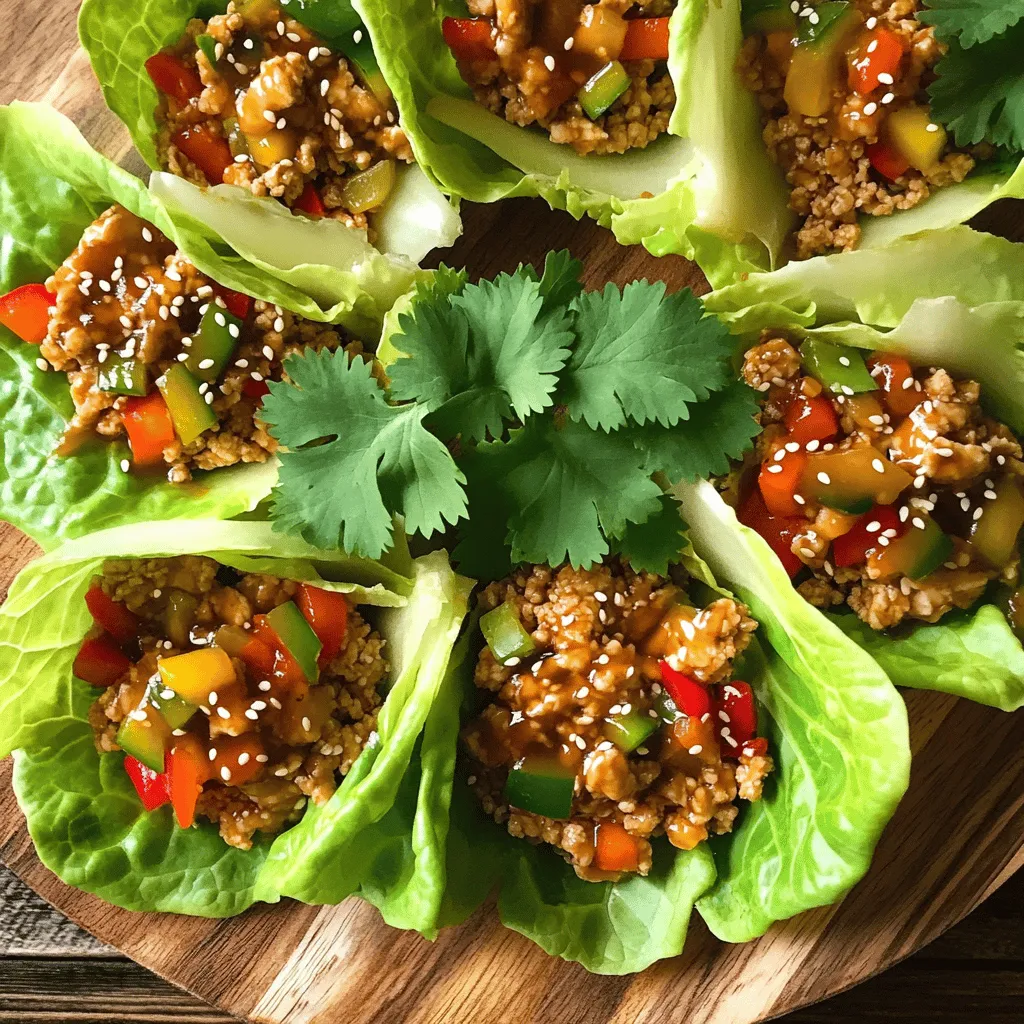 - Ground Chicken and Vegetables - 1 pound ground chicken - 1 cup finely chopped bell peppers (red and green) - 1/2 cup diced water chestnuts - 3 green onions, thinly sliced - 2 cloves garlic, minced - 1 tablespoon fresh ginger, minced - Soy Sauce and Seasonings - 1/4 cup low-sodium soy sauce - 2 tablespoons honey - 1 tablespoon rice vinegar - 1 tablespoon sesame oil - Garnishing Options - 1 head of butter lettuce (or romaine) - Sesame seeds for garnish - Fresh cilantro leaves for garnish - Salt and pepper to taste When making teriyaki chicken lettuce wraps, the right ingredients make all the difference. I like to start with fresh ground chicken. It cooks well and has a great texture. Next, I add colorful bell peppers for crunch and flavor. Water chestnuts add a nice bite too. For the sauce, I use low-sodium soy sauce to keep it savory without being too salty. Honey adds sweetness, while rice vinegar gives it a little tang. Sesame oil enhances the dish with a nutty flavor. Finally, I use butter lettuce or romaine for the wraps. They hold the filling well and add a fresh taste. For garnishing, I sprinkle sesame seeds and add cilantro leaves. This adds color and extra flavor. These ingredients come together to create a tasty and fun meal. Enjoy every bite of your wraps! Sautéing the Aromatics Start by heating sesame oil in a large skillet over medium-high heat. When the oil is hot, add minced garlic and ginger. Sauté them for about one minute. You want to cook until they smell great and are fragrant. This step builds a solid flavor base for the dish. Browning the Ground Chicken Next, add the one pound of ground chicken to the skillet. Use a spatula to break it apart as it cooks. You'll want to cook it for about five to seven minutes. The chicken should turn brown and be fully cooked. Make sure to stir it often to avoid any sticking. Incorporating Bell Peppers and Water Chestnuts Now, stir in one cup of finely chopped bell peppers and half a cup of diced water chestnuts. Cook this mixture for about three to four minutes. The goal is to let the peppers soften just a bit. This adds great texture and flavor to your wraps. Whisking Together the Sauce Ingredients In a small bowl, whisk together the sauce ingredients. Combine one-quarter cup of low-sodium soy sauce, two tablespoons of honey, and one tablespoon of rice vinegar. Pour this sauce over the chicken and vegetables in the skillet. Cook for an additional two to three minutes. This helps the sauce thicken slightly. Season with salt and pepper to enhance the flavor. Preparing the Lettuce Leaves To make the wraps, carefully separate the leaves from a head of butter lettuce or romaine. Rinse them gently under cold water and pat them dry. You want strong and flexible leaves to hold the filling well. Filling and Garnishing Spoon the teriyaki chicken mixture into the center of each lettuce leaf. Garnish with sesame seeds and fresh cilantro leaves on top. Arrange the wraps on a platter. This presentation makes them inviting and fun to eat! To make your teriyaki chicken wraps shine, adjust the seasoning to taste. I often taste as I cook. This helps me find the right balance of sweet and salty. Start with the soy sauce and honey mix. If you want it sweeter, add more honey. For saltiness, add a bit more soy sauce. You can also enhance the dish with additional aromatics. Try adding a splash of lime juice for a zesty kick. Fresh herbs like cilantro or mint can add brightness, too. Just chop them finely and mix them in right before serving. For cooking, I recommend using medium-high heat in your skillet. This helps the chicken brown nicely and cook evenly. If the heat is too low, the chicken might steam instead of brown. When you add the ground chicken, break it apart with a spatula. This ensures even cooking. It should take about 5-7 minutes for the chicken to cook fully. Stir frequently to avoid any sticking. This way, you get tender, juicy chicken in every bite. {{image_2}} You can change the protein in these Teriyaki Chicken Lettuce Wraps. Ground turkey is a great option. It has a mild taste and cooks just as well. Plus, it’s leaner than chicken. If you want a plant-based choice, tofu works perfectly. Use firm tofu and crumble it before cooking. Tofu absorbs the flavors well, making it tasty. If you’re craving seafood, shrimp is an excellent choice. Just sauté the shrimp until they turn pink and add them to the mix. For beef lovers, ground beef or even flank steak can work. Cook the beef until browned, then follow the same steps as chicken. Each option gives you a new flavor twist. You can also play with sauces to change the flavor. Making your homemade teriyaki sauce is easy. Combine soy sauce, honey, ginger, and garlic. Adjust the sweetness to your liking. You can add a touch of chili paste for some heat. If you're in the mood for something different, try a peanut sauce. Mix peanut butter, soy sauce, and lime juice for a nutty flavor. Another option is a sweet chili sauce. It adds a nice sweetness and a bit of spice. Exploring these sauces keeps your wraps fresh and exciting every time you make them. After you make Teriyaki Chicken Lettuce Wraps, store leftovers right away. Use an airtight container. This helps keep the chicken fresh and tasty. If stored properly, the wraps last up to 3 days in the fridge. Always check for any signs of spoilage before eating. You can freeze the teriyaki chicken mixture. Let it cool completely before freezing. Place it in a freezer-safe bag or container. This way, it stays fresh for up to 2 months. When you're ready to eat, thaw it in the fridge overnight. To reheat, warm it on the stove over low heat. Stir it often to avoid burning. You can also microwave it, but be sure to cover it to keep moisture in. Serve it with fresh lettuce leaves for a quick meal! You can use several tasty options instead of lettuce wraps. Here are some substitutes: - Cabbage leaves - Collard greens - Swiss chard - Endive leaves These choices provide a similar crunch. Each adds its own flavor to your meal. To make this dish gluten-free, swap out regular soy sauce. Use gluten-free soy sauce or tamari instead. These options taste great and keep your meal safe for gluten-sensitive folks. Always check the label to ensure it’s gluten-free. Yes, you can prep this dish ahead of time! Here are some tips: - Cook the chicken mixture and store it in the fridge. - Chop the veggies a day before. - Keep the lettuce leaves fresh by wrapping them in a damp paper towel. This way, you save time when you’re ready to eat. You can find the full recipe for Teriyaki Chicken Lettuce Wraps in the main article. This will guide you step-by-step to make this delicious dish. Enjoy making and sharing it! This blog post covered how to make tasty Teriyaki Chicken Lettuce Wraps. We explored the key ingredients, helpful cooking steps, and flavor tips. You can adapt the dish with different proteins and sauces. Plus, we’ve highlighted important storage info to keep your wraps fresh. In closing, enjoy making these wraps your own. These tasty dishes are fun to prepare and share. Happy cooking!