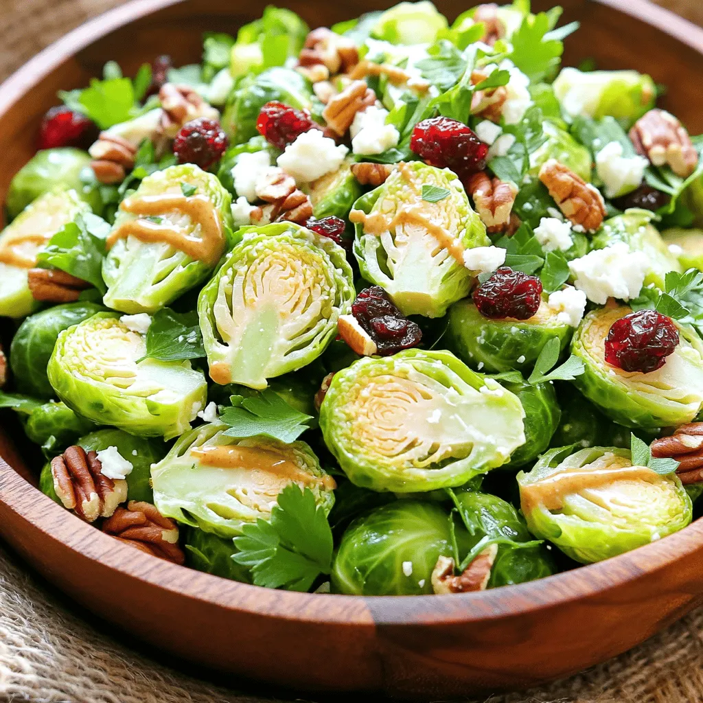 - 1 lb Brussels sprouts, trimmed and halved - 1/4 cup honey - 1/4 cup Dijon mustard - 1/4 cup olive oil - 1/2 cup roasted pecans, roughly chopped - 1/2 cup dried cranberries - 1/4 cup feta cheese, crumbled - Salt and pepper to taste - Fresh parsley To make this Honey Mustard Brussels Sprout Salad, you need fresh and simple ingredients. First, Brussels sprouts are the star. They give a nice crunch and taste. Honey adds a sweet touch, while Dijon mustard brings a tangy flavor. Next, we need olive oil. This helps mix the dressing and adds richness. Roasted pecans give a nutty crunch that pairs well with the sprouts. Dried cranberries add sweetness and a pop of color. Feta cheese adds creaminess and saltiness, making the salad more enjoyable. For seasoning, salt and pepper are key. They enhance the flavors of all the ingredients. Lastly, fresh parsley acts as a lovely garnish. It adds freshness and a bright green color to the salad. Gather all these ingredients, and you’re ready to make a tasty salad that impresses! To start, we need to prepare the Brussels sprouts. First, bring a large pot of salted water to a boil. Once boiling, add the halved Brussels sprouts to the pot. Blanch them for about 4 to 5 minutes. They should look bright green and feel a bit tender. Next, drain the sprouts and quickly place them in an ice bath. This step stops the cooking process and helps keep the color. After a few minutes in the ice bath, drain the sprouts again and pat them dry with a clean towel. Now, let’s make the honey mustard dressing. In a small bowl, mix together the honey, Dijon mustard, and olive oil. Use a whisk to blend them until smooth. This dressing is both sweet and tangy. Next, season it with salt and pepper to taste. This step is key for a balanced flavor. Just a pinch can really enhance the overall taste of the dressing. In a large mixing bowl, add the blanched Brussels sprouts. Next, toss in the chopped pecans and dried cranberries. These ingredients add crunch and sweetness. Now, pour the honey mustard dressing over the salad. Use a gentle tossing method to coat all the ingredients well. Make sure every bite gets some dressing. Finally, sprinkle crumbled feta cheese over the top. Give it a light toss again to combine everything. Your salad is now ready to be served! To make the best salad, start by blanching your Brussels sprouts. Blanching keeps them bright and fresh. Boil them for 4-5 minutes. Then, quickly move them to an ice bath. This helps stop the cooking. It keeps the sprouts crisp and colorful. When picking pecans, look for fresh, roasted ones. They should be crunchy and rich in flavor. Chopped pecans add a nice texture to your salad. If you want to switch things up, try different sweeteners. Maple syrup or agave nectar can work well. Each brings a unique taste to your dressing. You can also play with mustard types. Spicy brown mustard adds heat. Honey mustard gives a sweet kick. These options can change your salad's flavor profile. This salad pairs well with grilled chicken or fish. The tangy dressing complements many proteins. For a vegetarian meal, add quinoa or chickpeas. Serve the salad cold for the best taste. It makes a refreshing dish on warm days. Enjoy it as a side or a light meal! {{image_2}} Winter variations: In winter, you can add roasted sweet potatoes. They bring warmth and earthiness. Try adding sliced apples for crunch too. They balance the honey mustard dressing nicely. Summer adaptations: For summer, swap out the roasted pecans for toasted sunflower seeds. They add a nice crunch. Fresh berries, like strawberries or blueberries, add a sweet burst. You can also include diced cucumbers for a refreshing touch. Vegan options: To make this salad vegan, replace the honey with maple syrup. Use vegan feta cheese or omit cheese altogether. The salad will still taste great! Gluten-free considerations: This salad is naturally gluten-free. Just ensure that any mustard you use is gluten-free. Most brands are safe, but it’s good to check the label. Adding fruits: You can add seasonal fruits for extra flavor. Try mandarin oranges in winter or peaches in summer. They pair well with the honey mustard dressing. Using different cheese types: Instead of feta, try goat cheese for a tangy twist. Blue cheese adds a bold flavor if you like strong cheeses. Each option changes the salad's taste, making it fun to explore! To store leftovers of your honey mustard Brussels sprout salad, place it in an airtight container. This keeps the salad fresh for a few days. Glass or plastic containers work well. If you have extra dressing, store it separately to keep everything crisp. For long-term storage, freezing is an option, but it can change the texture of the sprouts. If you want to freeze it, I recommend freezing only the sprouts. Make sure to blanch them first. After blanched, let them cool and pack them in freezer bags. When you're ready to eat, thaw them in the fridge overnight. Reheat gently in a skillet, so they stay tasty. In the fridge, this salad lasts about 3-4 days. Always check for signs of spoilage. If you see any brown spots or an off smell, it's best to toss it. Freshness matters, especially with salad! You can try kale or broccoli instead. Both are tasty and add crunch. If you want something sweeter, use shredded carrots. Each option brings its own flavor and texture. Experiment to find what you like best! Yes, you can prep the salad in advance. Make the dressing and store it in the fridge. Blanch the Brussels sprouts and chill them too. Mix it all together right before serving. This keeps the salad fresh and crunchy! Add protein sources to the salad. Grilled chicken or chickpeas work well. You could also toss in some quinoa for extra texture. These additions make the salad heartier and satisfying. Feel free to get creative with your protein choices! This blog post covers a tasty Brussels sprouts salad. We explored main and additional ingredients, like honey and feta cheese. I shared step-by-step instructions, from blanching to making the dressing. You learned tips for perfecting your dish, plus fun variations and storage info. In closing, this salad shines in any season. Feel free to adjust ingredients to fit your taste. Enjoy creating your unique version!