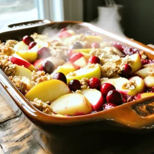 - 4 medium-sized apples (Granny Smith or Honeycrisp) - 2 cups fresh or frozen cranberries - ¾ cup granulated sugar - 1 tablespoon lemon juice - 1 teaspoon ground cinnamon - ½ teaspoon vanilla extract - 1 cup rolled oats - ¾ cup brown sugar, packed - ½ cup all-purpose flour - ½ cup unsalted butter, melted - ¼ teaspoon salt Types of apples to use: I love using Granny Smith or Honeycrisp apples. Granny Smith gives a tart bite, while Honeycrisp adds sweetness. Both hold their shape well when baked. Sugar alternatives for healthier options: For a healthier twist, try using coconut sugar or honey instead of granulated sugar. Both add unique flavors but keep the sweetness. Importance of cranberries in the recipe: Cranberries are the star of this dish! They bring a bright, tangy flavor that balances the sweetness of the apples perfectly. Fresh or frozen, they work well in this recipe. First, preheat your oven to 350°F (175°C). This ensures even baking. Next, grab a 9x13-inch baking dish and grease it lightly. This helps the crisp come out easily after baking. Now, let’s chop the fruit. Peel, core, and slice four medium-sized apples. You can use Granny Smith or Honeycrisp apples for the best flavor. In a large bowl, mix the sliced apples with two cups of cranberries. Add ¾ cup of granulated sugar, one tablespoon of lemon juice, one teaspoon of ground cinnamon, and ½ teaspoon of vanilla extract. Toss the fruit until it is coated well. Then, transfer this fruit mix into your greased baking dish and spread it evenly. In a separate bowl, prepare the topping. Combine one cup of rolled oats, ¾ cup of packed brown sugar, ½ cup of all-purpose flour, and ¼ teaspoon of salt. Now, pour in ½ cup of melted unsalted butter. Mix these ingredients until they form a crumbly texture. Once mixed, sprinkle the topping over the fruit in the baking dish. Make sure it covers the fruit completely. This creates a nice layer of crunch. Place the baking dish in the preheated oven. Bake for about 35-40 minutes. Look for a golden-brown topping and bubbling fruit. These signs mean your crisp is ready. After baking, let it cool slightly before serving. This crisp is great on its own, or you can add a scoop of vanilla ice cream for a special touch. Enjoy your delicious cranberry apple crisp! How to choose the best apples For this recipe, I love using Granny Smith or Honeycrisp apples. They give a nice balance of sweet and tart. Look for firm apples with bright colors. Avoid any soft spots or blemishes. Fresh apples will add great flavor and texture. Tips for achieving the perfect crumb topping To make the crumb topping just right, mix the oats, flour, brown sugar, and melted butter well. You want it to look crumbly. If it feels too wet, add a bit more flour or oats. Make sure to cover all the fruit evenly. This helps create that crispy texture everyone loves. Best ways to serve cranberry apple crisp Once your crisp is out of the oven, let it cool for a few minutes. This helps the juices settle. Serve it warm in bowls. You can enjoy it plain or topped with something sweet. Ideal pairings For a delicious treat, try adding a scoop of vanilla ice cream on top. The cold ice cream melts slightly and mixes with the warm crisp. You can also use whipped cream. Both options add a rich, creamy contrast to the tart fruit. {{image_2}} You can make your cranberry apple crisp even better with some simple tweaks. - Incorporating nuts or seeds: Add chopped walnuts, pecans, or sunflower seeds to the topping. This gives a nice crunch and extra flavor. Just mix about ½ cup of your choice into the oat mixture. - Adding spices like nutmeg or ginger: For a warm, cozy taste, sprinkle in some ground nutmeg or ginger. Just a pinch will enhance the flavor without being too strong. If you have dietary needs, you can easily adapt this recipe. - Gluten-free versions using alternative flours: Swap regular flour for almond flour or oat flour. This keeps the crisp gluten-free while still tasting great. Use the same amount as the recipe calls for. - Vegan adaptations (substituting butter): Replace the unsalted butter with coconut oil or vegan butter. This change makes it dairy-free while keeping the deliciousness. Use the same amount to keep the texture right. These variations help you enjoy cranberry apple crisp in different ways. Feel free to mix and match based on what you love! To keep your cranberry apple crisp fresh, store it in an airtight container. This helps maintain its taste and texture. You can place it in the fridge for up to five days. If you want to keep it longer, consider freezing it. Just wrap it tightly in plastic wrap and then place it in a freezer-safe bag. This way, it lasts for about three months. When reheating, you want to keep that crisp topping nice and crunchy. Preheat your oven to 350°F (175°C). Place the crisp in a baking dish and cover it loosely with foil. Heat it for about 15-20 minutes. This keeps it warm without making it soggy. If you prefer it cold, serving it straight from the fridge is perfectly fine. It tastes great chilled, too! You can add a dollop of whipped cream or yogurt for a lovely touch. Enjoy your leftovers in a way that suits you best! Can I use frozen apples in this recipe? No, I do not recommend using frozen apples. Frozen apples can become mushy when baked. Fresh apples hold their shape better and add a nice texture. What should I do if my crisp topping is too dry? If the topping is too dry, mix in a little more melted butter. This helps to moisten the oats and sugar. You can also add a splash of water or fruit juice to help bind the topping. How can I tell when the cranberry apple crisp is done baking? Your crisp is done when the topping is golden brown and the fruit is bubbling. Check it after 35 minutes. If it looks dry, give it a few more minutes. Let it cool slightly before serving to set the flavors. In this blog post, we covered how to make a delicious cranberry apple crisp. We talked about the right ingredients to use, like Granny Smith apples and fresh cranberries. You learned step-by-step preparation and the baking process. I shared tips to perfect your crisp and variations for different diets. Lastly, we discussed how to store and reheat leftovers. With these details, you can create a dish your family will love. Enjoy making this treat!
