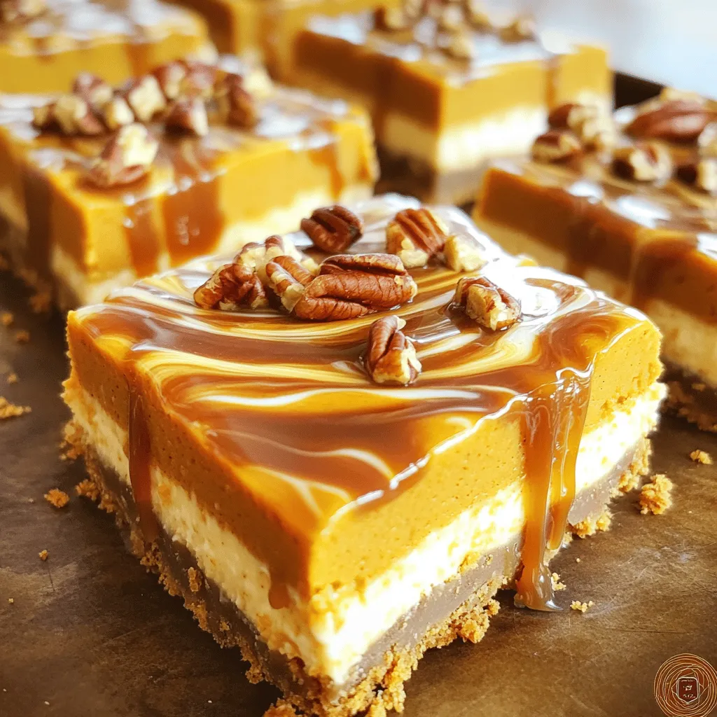 These are the main ingredients you need for this tasty treat: - 1 1/2 cups graham cracker crumbs - 1/4 cup granulated sugar - 1/2 cup unsalted butter, melted - 2 (8 oz) packages cream cheese, softened - 3/4 cup brown sugar, packed - 1 cup pumpkin puree (not pumpkin pie filling) - 2 large eggs - 1 teaspoon vanilla extract - 1 teaspoon ground cinnamon - 1/2 teaspoon ground nutmeg - 1/4 teaspoon ground ginger - 1 cup caramel sauce, plus extra for drizzling These ingredients blend together to create a creamy filling that pairs perfectly with the graham cracker crust. You can add some fun extras to your cheesecake bars: - 1/4 cup chopped pecans or walnuts (for topping) - Extra caramel sauce for drizzling These toppings add crunch and flavor, making your bars even more special. You can swap some ingredients if you need to. Here are a few ideas: - Use gluten-free graham cracker crumbs for a gluten-free option. - Swap cream cheese for a dairy-free cream cheese alternative. - Replace granulated sugar with coconut sugar for a healthier sweetener. These substitutions help you tailor the recipe to your needs while keeping the flavor intact. Start by preheating your oven to 350°F (175°C). Grab an 8x8 inch baking pan. Line it with parchment paper, letting the edges hang over. This makes it easy to lift the bars out later. In a medium bowl, mix together 1 1/2 cups of graham cracker crumbs with 1/4 cup of granulated sugar. Pour in 1/2 cup of melted unsalted butter. Stir until all crumbs are coated. Now, press this mixture firmly into the bottom of your lined pan. This will form a nice crust for your cheesecake bars. In a large mixing bowl, beat together 2 packages of softened cream cheese and 3/4 cup of packed brown sugar. Mix until smooth, about 2-3 minutes. Next, add in 1 cup of pumpkin puree, 2 large eggs, 1 teaspoon of vanilla extract, and your spices: 1 teaspoon of ground cinnamon, 1/2 teaspoon of ground nutmeg, and 1/4 teaspoon of ground ginger. Beat this mixture until everything is well combined and smooth. This filling is rich and creamy, perfect for our bars. Pour half of the cheesecake mixture over the graham cracker crust. Spread it evenly with a spatula. Now, drizzle half of the 1 cup of caramel sauce over this layer. Use a knife or toothpick to swirl it gently for a marbled look. Carefully pour the rest of the cheesecake mixture on top and smooth it out. Drizzle the remaining caramel sauce on this layer and swirl again. Bake the pan in your preheated oven for 40-45 minutes. The center should set but jiggle slightly. Once done, take it out and let it cool at room temperature for about 1 hour. Then, refrigerate it for at least 4 hours, or overnight. This cooling time helps the bars firm up. When ready, lift the cheesecake out using the parchment paper, cut it into squares, and enjoy! To get a smooth and creamy texture, you must use softened cream cheese. Cold cream cheese makes it hard to mix. Mix the cream cheese and brown sugar well. I suggest beating them for 2-3 minutes. This helps to remove lumps and create a silky base. Also, do not overmix once you add the eggs. Just mix until combined. Overmixing can add too much air, which may cause cracks later. One common mistake is using pumpkin pie filling instead of pure pumpkin puree. Pumpkin pie filling has added spices and sugar that can change the taste. Another mistake is not cooling the bars long enough. Let the bars cool at room temp for one hour first. Then refrigerate for at least four hours. This helps the bars set properly. Lastly, make sure to swirl the caramel sauce gently. Too much mixing can blend the layers too much. Serve these bars chilled for the best taste. Drizzle extra caramel sauce over them just before serving. You can also add chopped pecans or walnuts on top. They add crunch and flavor. For a fun twist, serve with whipped cream or vanilla ice cream. A sprinkle of cinnamon also brings out the pumpkin flavor. These simple touches make each bite even better. {{image_2}} You can mix things up by adding new flavors. If you love chocolate, try adding cocoa powder. Use 1/4 cup of unsweetened cocoa powder to the cream cheese mix. This will give your bars a rich, chocolatey taste. You might also swap some pumpkin puree for maple syrup. Use 1/2 cup of maple syrup instead of 1/2 cup of pumpkin. This change will offer a sweet and warm flavor profile. Nuts add a nice crunch to these bars. You can use pecans or walnuts, as the recipe suggests. However, try other nuts like almonds or hazelnuts. Chop them up and sprinkle them on top before serving. You can also skip nuts if you want a smooth texture. Your guests will love the extra crunch or the clean finish. If you need gluten-free options, use gluten-free graham cracker crumbs. Most stores sell them, so they are easy to find. For a dairy-free version, swap cream cheese for a dairy-free cream cheese. Look for brands that taste great and are easy to work with. You can also use coconut cream for a unique flavor. Both changes will make your bars delicious and fit for various diets. To keep your caramel pumpkin cheesecake bars fresh, store them in an airtight container. You can also wrap them tightly with plastic wrap. If you plan to eat them within a few days, the fridge works well. If you want to keep them longer, freezing is a great option. These cheesecake bars will last about 5 days in the fridge. Make sure they stay covered. If you notice any changes in smell or texture, it’s best to toss them. Enjoy them while they are fresh for the best taste! You can freeze these bars for up to 3 months. Start by letting them cool completely. Then, cut them into squares. Wrap each square in plastic wrap. Place the wrapped bars in a freezer bag or container. When you’re ready to eat, thaw them in the fridge overnight. Drizzle with extra caramel sauce before serving! To make these bars, start by preheating your oven to 350°F (175°C). You will need an 8x8 inch baking pan lined with parchment paper. This helps with easy removal. Next, make the crust. In a medium bowl, mix 1 1/2 cups of graham cracker crumbs, 1/4 cup of sugar, and 1/2 cup of melted unsalted butter. Press this mix firmly into the bottom of your pan. Now, make the filling. In a large bowl, beat 2 packages of softened cream cheese with 3/4 cup of brown sugar until smooth. Add in 1 cup of pumpkin puree, 2 large eggs, 1 teaspoon of vanilla extract, and spices: 1 teaspoon of cinnamon, 1/2 teaspoon of nutmeg, and 1/4 teaspoon of ginger. Mix until well combined. Pour half the cheesecake mixture over the crust. Drizzle with 1/2 cup of caramel sauce and gently swirl it with a knife. Add the rest of the cheesecake mix on top and repeat the drizzle. Bake for 40-45 minutes, until the center sets. Cool at room temperature, then refrigerate for at least 4 hours. Lift out of the pan, cut, and enjoy! No, it’s best to use pumpkin puree, not canned pumpkin pie filling. Pumpkin pie filling has added sugars and spices. This can change the taste and texture of your bars. Puree gives you more control over the flavor. Always check the label to ensure you are using plain pumpkin puree. If your bars don’t set, they may need more time in the oven. Check if they jiggle in the center. If they do, bake for a few more minutes. After baking, let them cool and chill in the fridge. If they still seem soft after cooling, they might need to set longer in the fridge. If you follow these steps, you should have great bars! Caramel pumpkin cheesecake bars combine rich flavors and unique textures for a tasty treat. We explored key ingredients, easy steps, and helpful tips to ensure your bars shine. Remember to experiment with toppings and flavors for your perfect twist. Whether you opt for gluten-free or dairy-free, you can enjoy this dessert. Store them well to keep them fresh. Now, gather your ingredients and start baking. You’re ready to delight friends and family with this delicious recipe!