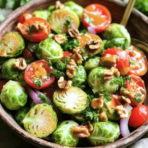 - 1 pound Brussels sprouts, trimmed and halved - 1/4 cup honey - 3 tablespoons Dijon mustard - 1/4 cup olive oil - 1/4 cup apple cider vinegar - 1/2 cup cherry tomatoes, halved - 1/4 cup red onion, thinly sliced - 1/2 cup chopped walnuts, toasted - Salt and pepper to taste - Fresh parsley, chopped, for garnish Brussels sprouts are full of vitamins. They offer vitamin C, which helps your immune system. They also have vitamin K, which supports strong bones. The walnuts provide healthy fats, good for your heart. Cherry tomatoes are low in calories but high in flavor and nutrients. Honey adds natural sweetness with antioxidants. Olive oil is a healthy fat that can help reduce inflammation. Apple cider vinegar supports digestion and can help regulate blood sugar. You can use fresh or frozen Brussels sprouts for this salad. Fresh sprouts taste brighter and crunchier. They are great if you can find them in season. Frozen sprouts are convenient and quick to use. They retain most of their nutrients, making them a good choice too. If you choose frozen, look for ones without additives. Just remember to thaw them before cooking. Both options will give you a tasty salad! First, I sort and clean the Brussels sprouts. I trim the ends and cut them in half. This helps them cook evenly. Next, I bring a pot of salted water to a boil. Once it’s bubbling, I add the halved Brussels sprouts. I blanch them for about 3-4 minutes. You want them bright green and slightly tender. After that, I drain the sprouts and transfer them to an ice bath. This stops the cooking and keeps them crisp. In a small bowl, I whisk together the honey and Dijon mustard. This mix adds a sweet and tangy taste. Then, I add olive oil and apple cider vinegar. I keep whisking until everything blends well. This dressing is key to the salad’s flavor. You can taste it and adjust the sweetness or tanginess if needed. In a large bowl, I combine the blanched Brussels sprouts, halved cherry tomatoes, and sliced red onion. I drizzle the honey mustard dressing over the salad. Then, I toss everything together to coat the ingredients. Finally, I add the toasted walnuts. I mix gently to keep the walnuts whole. After seasoning with salt and pepper, I let the salad sit for about 10 minutes. This allows the flavors to blend. Just before serving, I garnish with freshly chopped parsley. This adds a nice touch and extra flavor. For great Brussels sprouts, start by blanching them. Heat a pot of salted water and let it boil. Add the halved sprouts for about 3-4 minutes. They should turn bright green and be slightly tender. Quickly move them to an ice bath. This stops the cooking and keeps them crunchy. A crunchy texture makes your salad stand out. The honey mustard dressing gives your salad its zing. If you want it sweeter, add more honey. For more tartness, increase the apple cider vinegar. Mix these ingredients well. You want a balance of sweet and tangy. Taste as you go to get it just right. This way, you can make the dressing fit your taste. When you toss the salad, be gentle. You don’t want to break the walnuts. Mix the Brussels sprouts, tomatoes, and red onion first. Drizzle on the dressing and then toss. Let the salad sit for about 10 minutes. This helps the flavors blend. Finally, garnish with parsley for color and a fresh taste. Serve it chilled for the best experience. {{image_2}} You can make this salad even heartier by adding proteins. Grilled chicken or tofu works great. Chicken adds a nice flavor. Tofu offers a plant-based option. Simply slice the grilled chicken or tofu into bite-sized pieces. Toss them into the salad right before serving. This will not only add protein but also make the dish more filling. If you have nut allergies, don't worry! You can easily swap the walnuts for seeds. Sunflower seeds or pumpkin seeds work well. They still give that nice crunch without the nuts. You can also change the dressing. Instead of honey, use maple syrup for a vegan option. This keeps the sweet flavor while being nut-free. Adding seasonal ingredients can elevate this salad. In spring, try adding radishes for a peppery bite. In the fall, diced apples can give a sweet crunch. You can also add roasted sweet potatoes in winter. These changes bring freshness and new flavors to your salad. Feel free to experiment with what you love! To store your Honey Mustard Brussels Sprout Salad, place it in an airtight container. This helps keep the salad fresh. You can use glass or plastic containers. Make sure to remove as much air as possible. If you have a vacuum sealer, that works great too. Keep the salad in the fridge for best results. The salad usually lasts about 3 days in the fridge. After that, the Brussels sprouts may become soggy. The honey mustard dressing can lose its punch. If you plan to eat leftovers, try to store the dressing separately. This keeps everything crisp. To make leftovers taste fresh again, you can add a splash of vinegar. This wakes up the flavors. Toss in some fresh herbs like parsley too. If the salad seems dry, drizzle a bit of olive oil. Mixing everything well before serving can help too. Enjoy your salad even on day three! Yes, you can make this salad in advance. I recommend prepping the Brussels sprouts and dressing separately. This way, the sprouts stay crisp. You can store the blanched sprouts in the fridge for up to two days. The dressing can last about a week in the fridge. Just mix them right before serving to keep that fresh crunch. If you want a different sweetener, try maple syrup or agave nectar. Both work well in this salad. They add sweetness and keep the dressing creamy. You can also use brown sugar. Just mix it well with the other dressing ingredients to dissolve it. To make this salad vegan, swap honey for maple syrup. This simple change keeps the taste while making it plant-based. You can also check the Dijon mustard to ensure it is vegan-friendly. Most brands are, but it’s good to double-check. Enjoy your salad without worry! This blog post explored making a delicious Brussels sprout salad. We covered the key ingredients and their health benefits. I shared step-by-step instructions and helpful tips for perfect texture and flavor. Variations with proteins and seasonal ingredients add extra flair. Finally, we discussed storage methods to keep leftovers fresh. Remember, making this salad is fun and easy. Enjoy experimenting with flavors and ingredients. You’ll find it both tasty and healthy!