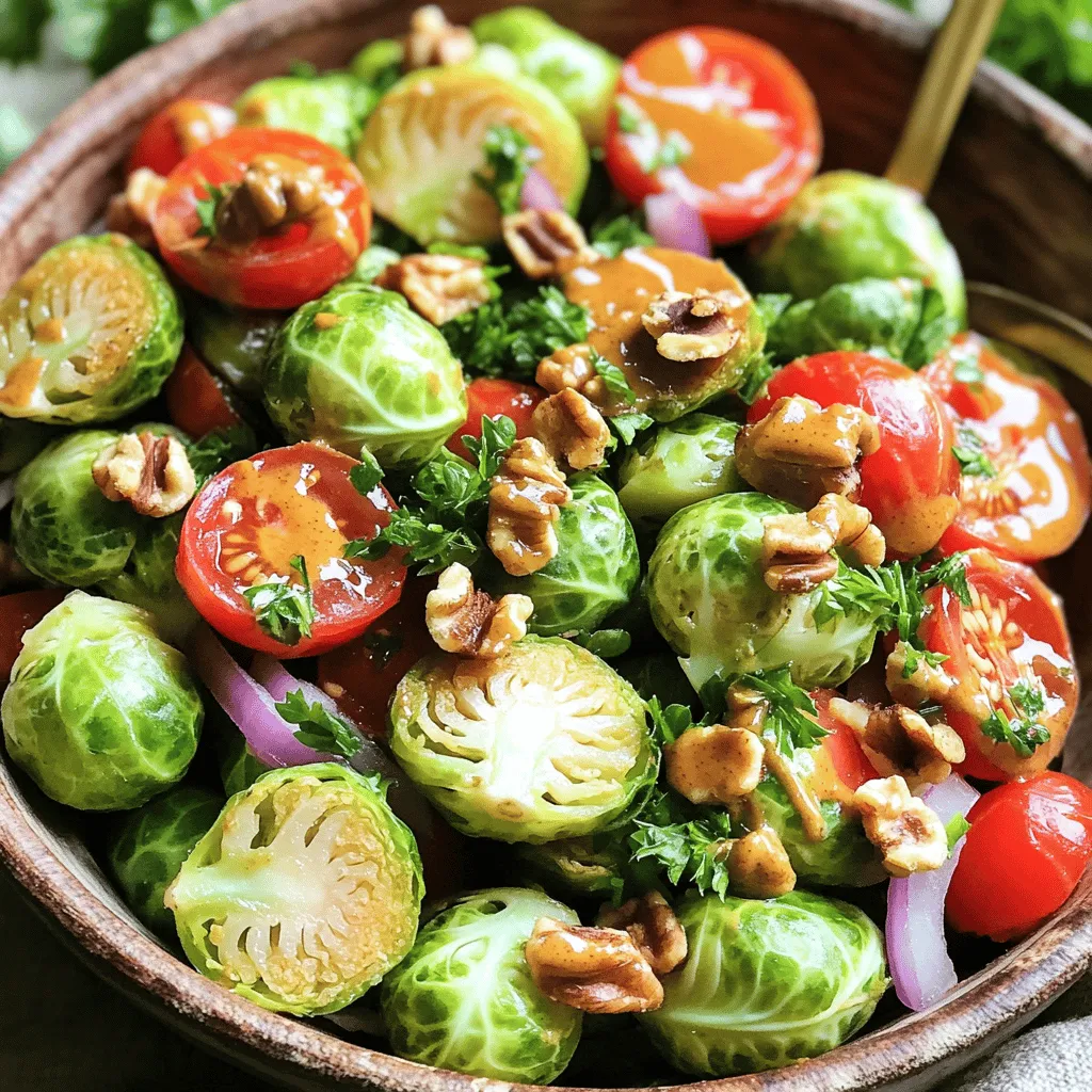 - 1 pound Brussels sprouts, trimmed and halved - 1/4 cup honey - 3 tablespoons Dijon mustard - 1/4 cup olive oil - 1/4 cup apple cider vinegar - 1/2 cup cherry tomatoes, halved - 1/4 cup red onion, thinly sliced - 1/2 cup chopped walnuts, toasted - Salt and pepper to taste - Fresh parsley, chopped, for garnish Brussels sprouts are full of vitamins. They offer vitamin C, which helps your immune system. They also have vitamin K, which supports strong bones. The walnuts provide healthy fats, good for your heart. Cherry tomatoes are low in calories but high in flavor and nutrients. Honey adds natural sweetness with antioxidants. Olive oil is a healthy fat that can help reduce inflammation. Apple cider vinegar supports digestion and can help regulate blood sugar. You can use fresh or frozen Brussels sprouts for this salad. Fresh sprouts taste brighter and crunchier. They are great if you can find them in season. Frozen sprouts are convenient and quick to use. They retain most of their nutrients, making them a good choice too. If you choose frozen, look for ones without additives. Just remember to thaw them before cooking. Both options will give you a tasty salad! First, I sort and clean the Brussels sprouts. I trim the ends and cut them in half. This helps them cook evenly. Next, I bring a pot of salted water to a boil. Once it’s bubbling, I add the halved Brussels sprouts. I blanch them for about 3-4 minutes. You want them bright green and slightly tender. After that, I drain the sprouts and transfer them to an ice bath. This stops the cooking and keeps them crisp. In a small bowl, I whisk together the honey and Dijon mustard. This mix adds a sweet and tangy taste. Then, I add olive oil and apple cider vinegar. I keep whisking until everything blends well. This dressing is key to the salad’s flavor. You can taste it and adjust the sweetness or tanginess if needed. In a large bowl, I combine the blanched Brussels sprouts, halved cherry tomatoes, and sliced red onion. I drizzle the honey mustard dressing over the salad. Then, I toss everything together to coat the ingredients. Finally, I add the toasted walnuts. I mix gently to keep the walnuts whole. After seasoning with salt and pepper, I let the salad sit for about 10 minutes. This allows the flavors to blend. Just before serving, I garnish with freshly chopped parsley. This adds a nice touch and extra flavor. For great Brussels sprouts, start by blanching them. Heat a pot of salted water and let it boil. Add the halved sprouts for about 3-4 minutes. They should turn bright green and be slightly tender. Quickly move them to an ice bath. This stops the cooking and keeps them crunchy. A crunchy texture makes your salad stand out. The honey mustard dressing gives your salad its zing. If you want it sweeter, add more honey. For more tartness, increase the apple cider vinegar. Mix these ingredients well. You want a balance of sweet and tangy. Taste as you go to get it just right. This way, you can make the dressing fit your taste. When you toss the salad, be gentle. You don’t want to break the walnuts. Mix the Brussels sprouts, tomatoes, and red onion first. Drizzle on the dressing and then toss. Let the salad sit for about 10 minutes. This helps the flavors blend. Finally, garnish with parsley for color and a fresh taste. Serve it chilled for the best experience. {{image_2}} You can make this salad even heartier by adding proteins. Grilled chicken or tofu works great. Chicken adds a nice flavor. Tofu offers a plant-based option. Simply slice the grilled chicken or tofu into bite-sized pieces. Toss them into the salad right before serving. This will not only add protein but also make the dish more filling. If you have nut allergies, don't worry! You can easily swap the walnuts for seeds. Sunflower seeds or pumpkin seeds work well. They still give that nice crunch without the nuts. You can also change the dressing. Instead of honey, use maple syrup for a vegan option. This keeps the sweet flavor while being nut-free. Adding seasonal ingredients can elevate this salad. In spring, try adding radishes for a peppery bite. In the fall, diced apples can give a sweet crunch. You can also add roasted sweet potatoes in winter. These changes bring freshness and new flavors to your salad. Feel free to experiment with what you love! To store your Honey Mustard Brussels Sprout Salad, place it in an airtight container. This helps keep the salad fresh. You can use glass or plastic containers. Make sure to remove as much air as possible. If you have a vacuum sealer, that works great too. Keep the salad in the fridge for best results. The salad usually lasts about 3 days in the fridge. After that, the Brussels sprouts may become soggy. The honey mustard dressing can lose its punch. If you plan to eat leftovers, try to store the dressing separately. This keeps everything crisp. To make leftovers taste fresh again, you can add a splash of vinegar. This wakes up the flavors. Toss in some fresh herbs like parsley too. If the salad seems dry, drizzle a bit of olive oil. Mixing everything well before serving can help too. Enjoy your salad even on day three! Yes, you can make this salad in advance. I recommend prepping the Brussels sprouts and dressing separately. This way, the sprouts stay crisp. You can store the blanched sprouts in the fridge for up to two days. The dressing can last about a week in the fridge. Just mix them right before serving to keep that fresh crunch. If you want a different sweetener, try maple syrup or agave nectar. Both work well in this salad. They add sweetness and keep the dressing creamy. You can also use brown sugar. Just mix it well with the other dressing ingredients to dissolve it. To make this salad vegan, swap honey for maple syrup. This simple change keeps the taste while making it plant-based. You can also check the Dijon mustard to ensure it is vegan-friendly. Most brands are, but it’s good to double-check. Enjoy your salad without worry! This blog post explored making a delicious Brussels sprout salad. We covered the key ingredients and their health benefits. I shared step-by-step instructions and helpful tips for perfect texture and flavor. Variations with proteins and seasonal ingredients add extra flair. Finally, we discussed storage methods to keep leftovers fresh. Remember, making this salad is fun and easy. Enjoy experimenting with flavors and ingredients. You’ll find it both tasty and healthy!