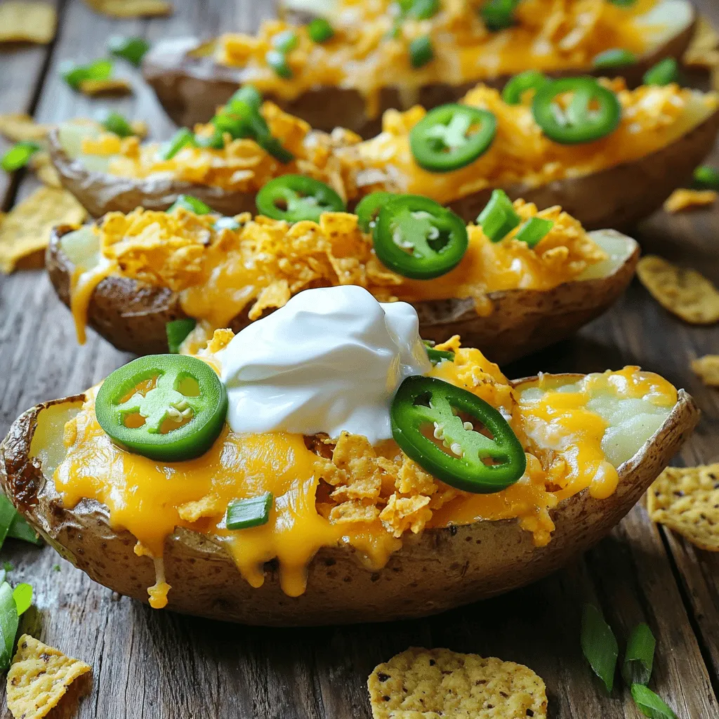 - 4 large russet potatoes - 1 cup shredded cheddar cheese - 1 cup shredded Monterey Jack cheese - 1/2 cup sour cream - 1/2 cup sliced jalapeños (pickled or fresh) - 1/4 cup chopped green onions - 1/2 teaspoon garlic powder - 1/2 teaspoon smoked paprika - Salt and pepper to taste - Olive oil for brushing - Crumbled tortilla chips (for garnish) The key to great loaded nacho cheese potato skins lies in fresh ingredients. Start with large russet potatoes. They have a thick skin, perfect for holding toppings. Use a mix of cheddar and Monterey Jack cheeses. Cheddar gives sharpness, while Monterey Jack melts beautifully. Sliced jalapeños add heat and flavor. Choose pickled for tanginess or fresh for more spice. Don't skip sour cream; it cools the heat from the jalapeños. Green onions add color and a fresh taste. The garlic powder and smoked paprika will deepen the flavor. Finally, season with salt and pepper. Brush the skins with olive oil for extra crispness. Crumbled tortilla chips on top provide a nice crunch. With these ingredients, your potato skins will be loaded with flavor and texture. - Preheat the oven to 400°F (200°C). - Scrub and prepare the russet potatoes. This helps remove dirt and makes them ready for baking. - Bake the potatoes until tender. This usually takes about 45-60 minutes. - Cool and cut the potatoes lengthwise. Wait until they are cool enough to handle safely. - Scoop out the potato flesh, leaving a 1/4-inch border. You can save the flesh for mashed potatoes or soups. - Brush the skins with olive oil. Sprinkle salt, pepper, garlic powder, and smoked paprika on top. This adds great flavor. - Layer the skins with shredded cheddar cheese first. Next, add Monterey Jack cheese and jalapeños. - Bake the loaded skins for 5-7 more minutes until the cheese is melted and bubbly. This step brings everything together. - Top each skin with a dollop of sour cream. Add chopped green onions and a sprinkle of crumbled tortilla chips for crunch. Enjoy each bite warm and full of flavor! To get crispy potato skins, start with the right baking technique. First, bake the russet potatoes at 400°F (200°C). This high heat helps them crisp up nicely. Pierce each potato with a fork. This allows steam to escape and prevents sogginess. After baking, let them cool slightly. Then, scoop out the flesh, leaving a thin layer. Brush the skins with olive oil for added crispiness. Season with salt, pepper, garlic powder, and smoked paprika. Proper seasoning is crucial; it enhances the flavor of the skins. When it comes to cheese, I love using a mix for great flavor. Cheddar and Monterey Jack are a classic combo. Cheddar adds sharpness, while Monterey Jack melts beautifully. You can also try pepper jack for a spicy kick. If you want alternatives, consider gouda or fontina. These cheeses melt well and add unique flavors. Mixing cheeses gives your loaded nacho cheese potato skins depth and excitement. Many people overcook the potatoes. This can lead to mushy skins. Bake them just until tender, not falling apart. Also, don’t skip the seasoning. Without enough salt and spices, your skins can taste bland. So, taste as you go! A little extra seasoning can make a big difference in flavor. Pay attention to these tips to enjoy perfect loaded nacho cheese potato skins every time! {{image_2}} For a tasty vegetarian twist, try adding fresh veggies on top. You can use diced tomatoes, black olives, or corn. These bright flavors add a nice touch. You can also swap regular cheese for plant-based cheese. Look for brands that melt well to keep the creamy texture. If you love meat, bacon bits are a great choice. They add a salty crunch. You can also use ground beef for a heartier snack. For extra heat, mix in spicy sausage or add jalapeños to the meat. These options make a bold flavor that hits the spot. For gluten-free options, make sure to use gluten-free tortilla chips. You can also skip the chips and add more veggies for crunch. If you want low-carb, use cauliflower instead of potatoes. Bake the cauliflower skins for a tasty base that holds all your toppings perfectly. To keep your loaded nacho cheese potato skins fresh, place them in an airtight container. This helps prevent them from drying out. You can refrigerate them right after they cool. They stay good in the fridge for up to three days. If you want to keep them longer, consider freezing. When reheating, the oven is best. Preheat it to 350°F (175°C). Place the potato skins on a baking sheet and cover them with foil. This keeps them moist. Bake for about 10-15 minutes. If you use a microwave, place them on a plate. Heat in short bursts to avoid sogginess. The goal is to keep the skins crispy. You can freeze potato skins before or after baking. If freezing before, prepare the skins and store them raw. Wrap them well in plastic wrap. For after baking, let them cool completely before freezing. Use a freezer-safe container. To defrost, place them in the fridge overnight. Then, reheat in the oven for best results. Yes, you can prepare these potato skins in advance. Bake the potatoes and scoop out the flesh. Then, season and brush the skins with olive oil. Place them on a baking sheet and store them in the fridge. When ready to serve, add cheese and jalapeños, and bake until melted. This way, you save time during your gathering. If you want an alternative base, try using zucchini or eggplant. Both can hold toppings well. Just slice them thick enough to scoop out some flesh. Bake them until tender, then load them with cheese and toppings. It's a fun twist on the classic recipe. To avoid burning the cheese, layer it on the skins after some baking. Bake the skins first until crispy. Then, add your cheese. Keep an eye on them and remove them as soon as the cheese is melted. A lower oven temperature can also help keep the cheese gooey. Yes, sweet potatoes can work nicely for a different flavor. They add a hint of sweetness. Keep in mind, sweet potatoes may cook faster than russets. Check them often to ensure they don’t get too soft. The texture will be a bit creamier than regular potato skins, but still delicious! This blog post detailed how to create delicious loaded nacho cheese potato skins. We covered the main ingredients, baking steps, and how to achieve crispy skins. I offered tips on cheese choices, common mistakes, and variations for different diets. Remember to store leftovers properly for later enjoyment. Each step helps you perfect this dish. With these tips, you can impress your family or friends. You’ll enjoy every cheesy bite. Now, get cooking and savor these tasty treats!