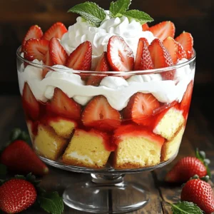 To make a delicious strawberry shortcake trifle, you need some key ingredients. The main stars are fresh strawberries, whipped cream, and pound cake. These ingredients create the perfect balance of flavors and textures. You also need sugar, vanilla pudding, and a bit of vanilla extract for extra taste. - Strawberries: Use 2 cups of fresh strawberries, hulled and sliced. Look for bright red, ripe berries. If strawberries are out of season, try using frozen berries. Just let them thaw and drain excess juice. - Whipping Cream: You need 2 cups of heavy whipping cream. This adds creaminess. You can use a non-dairy whipped topping if you prefer. - Powdered Sugar: For sweetening the cream, use 1/2 cup of powdered sugar. This sugar blends easily into the cream. Granulated sugar can also work but may not dissolve as well. - Pound Cake: You can use homemade or store-bought pound cake, cut into cubes. Angel food cake is a lighter option, too. - Vanilla Pudding: One cup of prepared vanilla pudding is needed. You can make it from a mix or buy it ready-made. To create your trifle, gather these tools: - A large trifle dish or individual serving cups. This helps show off the pretty layers. - Mixing bowls for combining ingredients. - A hand mixer or stand mixer for whipping cream. - A spatula for layering the trifle. - A knife and cutting board for slicing strawberries and cake. Having these tools ready will make your trifle-making a breeze! Start with 2 cups of fresh strawberries. Wash them well. Remove the green tops, and slice them into thin pieces. Place the sliced strawberries in a medium bowl. Add 1 tablespoon of sugar to the bowl. Toss the strawberries gently with the sugar. Let them sit for about 15 minutes. This step helps the strawberries release their juices. The sugar will make them sweet and juicy. You will love how they taste once they are ready! Now, grab a mixing bowl and pour in 2 cups of heavy whipping cream. Use a hand mixer or a stand mixer for this step. Start whipping the cream on low speed. Gradually increase to medium speed until soft peaks form. Add in 1/2 cup of powdered sugar and 1 teaspoon of vanilla extract. Keep whipping until you see stiff peaks. This means the cream is thick and fluffy. Be careful not to over-whip, or it may turn into butter! Choose a large trifle dish or individual cups for serving. Start with a layer of pound cake cubes at the bottom. You can use homemade or store-bought pound cake. Next, spoon a layer of your macerated strawberries over the cake. Then, add a layer of prepared vanilla pudding. Follow this with a generous layer of whipped cream. Repeat these layers until you fill the dish. Finish with a thick layer of whipped cream on top. Chill your trifle in the fridge for at least 2 hours. This lets all the flavors mix together. Just before serving, add fresh mint leaves and a few strawberry slices on top for a nice touch! To make the best whipped cream, start with cold tools. Use a chilled bowl and beaters. This helps the cream whip faster. Pour in the heavy cream and beat until soft peaks form. Add powdered sugar and vanilla extract slowly. Keep beating until you see stiff peaks. Don't over-whip, or it may turn grainy. This cream will add a fluffy touch to your trifle. Layering is key to a stunning trifle. Start with cake cubes at the bottom. This helps soak up juices from the strawberries. Next, add a layer of strawberries, followed by pudding. Then, top with whipped cream. Repeat this process until you fill your dish. Make sure to spread each layer evenly. This creates a beautiful look and a great taste. Serve your trifle in a clear glass dish. This lets everyone see those lovely layers. For a fun twist, use individual cups. It makes serving easy and neat. Just before you serve, add mint leaves on top. You can also sprinkle crushed graham crackers for extra crunch. This adds a delightful texture to your treat. {{image_2}} You can switch up the cake in your trifle. If you want a lighter taste, use angel food cake. It adds a fluffy texture. For a rich flavor, try chocolate cake. The chocolate pairs well with strawberries. You can also use sponge cake for a classic feel. Each cake gives a unique taste to your trifle. While strawberries shine in this recipe, other fruits work well too. Consider using blueberries for a berry mix. Raspberries add a tart kick that many enjoy. Peaches can give a sweet summer feel. You can even use bananas for a creamy touch. Feel free to mix and match to create your perfect fruit blend. Flavors can elevate your trifle. Add a splash of almond extract for a nutty taste. A hint of lemon zest brightens the sweetness. You can also fold in chocolate chips or nuts for crunch. Layering in some crushed cookies adds texture too. Get creative with your favorite flavors and make it your own! To store leftover strawberry shortcake trifle, cover it tightly with plastic wrap. This keeps the air out and helps the trifle stay fresh. You can also use a lid if your container has one. Store it in the fridge for up to three days. The layers may soften over time, but the trifle will still taste great. I do not recommend freezing the trifle. Freezing can change the texture of the whipped cream and pudding. If you want to freeze it, separate the layers. Freeze the cake and strawberries separately. You can whip the cream fresh when you are ready to serve. This way, you keep the best taste and texture. You do not need to reheat the trifle. It is served cold and tastes best that way. If you have leftovers, simply take them out of the fridge. Then, enjoy it straight from the dish. If you want to serve it warm, make a fresh batch of pound cake and serve it alongside. This adds a nice touch without changing the trifle itself. Yes, you can make your trifle ahead of time. I recommend making it the night before. This allows the flavors to blend. Just cover it tightly with plastic wrap. The layers will stay fresh and tasty. Your trifle can last about 2 to 3 days in the fridge. Keep it covered to avoid drying out. The whipped cream may lose some texture over time. For best taste, enjoy it within a couple of days. If you don’t have pound cake, use sponge cake or angel food cake. Both will give a light, airy feel. You can also try ladyfingers for a fun twist. These options still taste great with the layers. Making a delicious strawberry shortcake trifle is simple with fresh ingredients and the right tools. We covered how to prep strawberries, whip cream, and stack layers for the perfect dessert. Remember to consider variations, like using different cakes or fruits to mix it up. Store leftovers properly and enjoy them later. This trifle is not just a treat but a fun way to impress guests. Now it's your turn to create your own version and enjoy every bite.